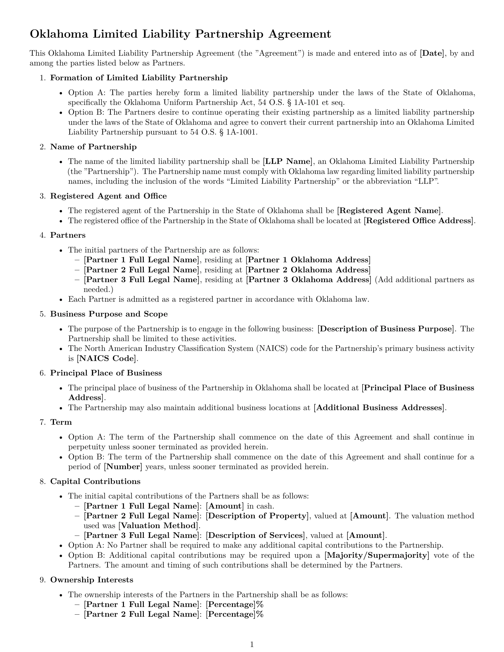 Preview page 1 of Free Oklahoma limited liability partnership agreement template