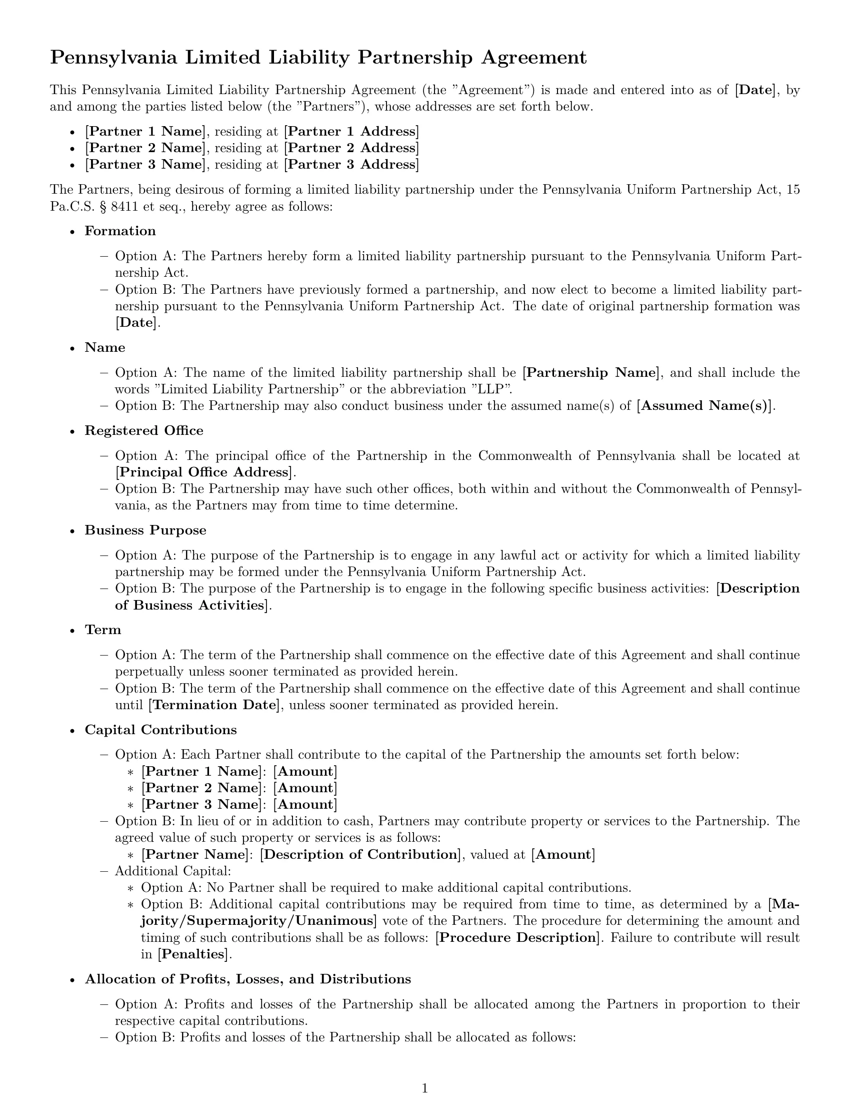 Preview page 1 of Free Pennsylvania limited liability partnership agreement template