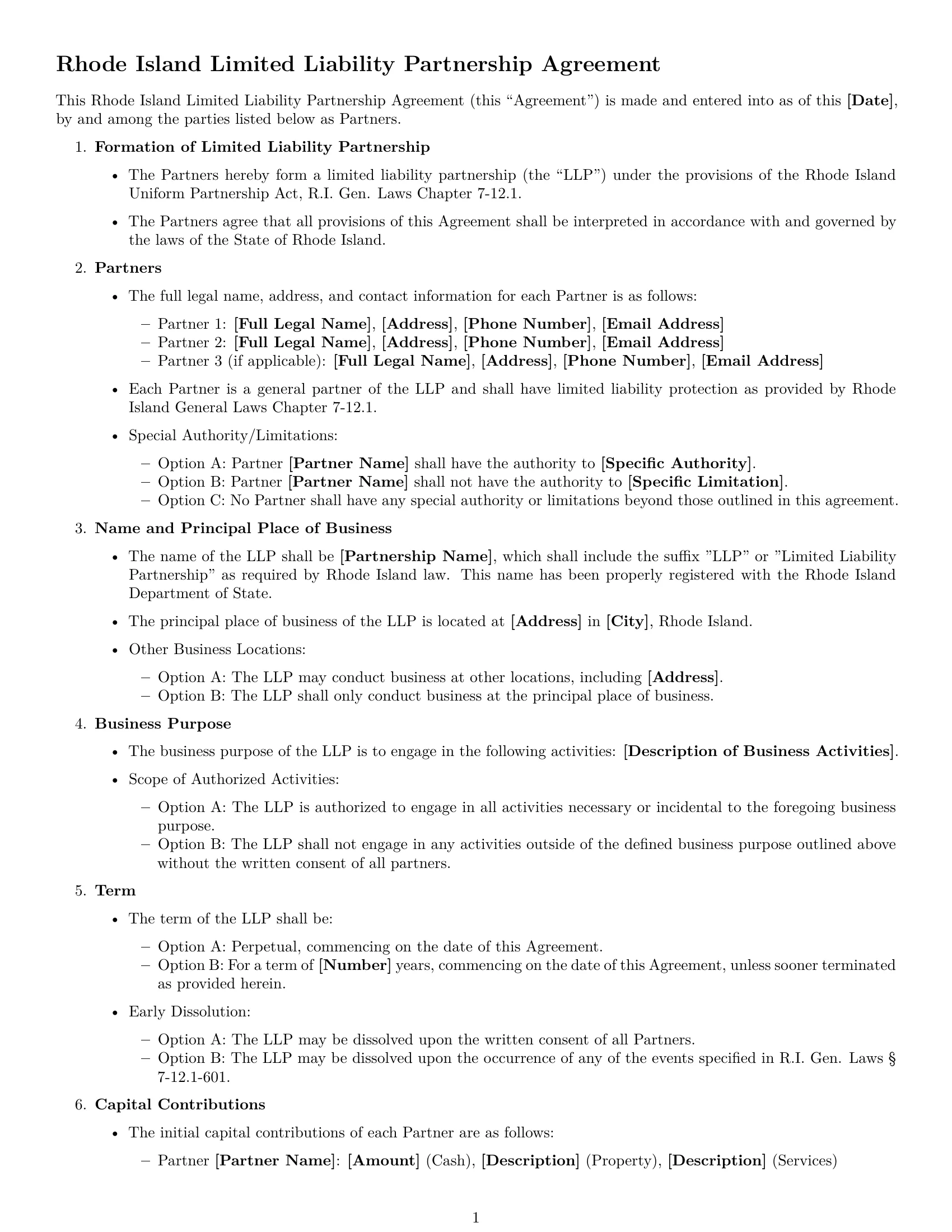 Preview page 1 of Free Rhode Island limited liability partnership agreement template