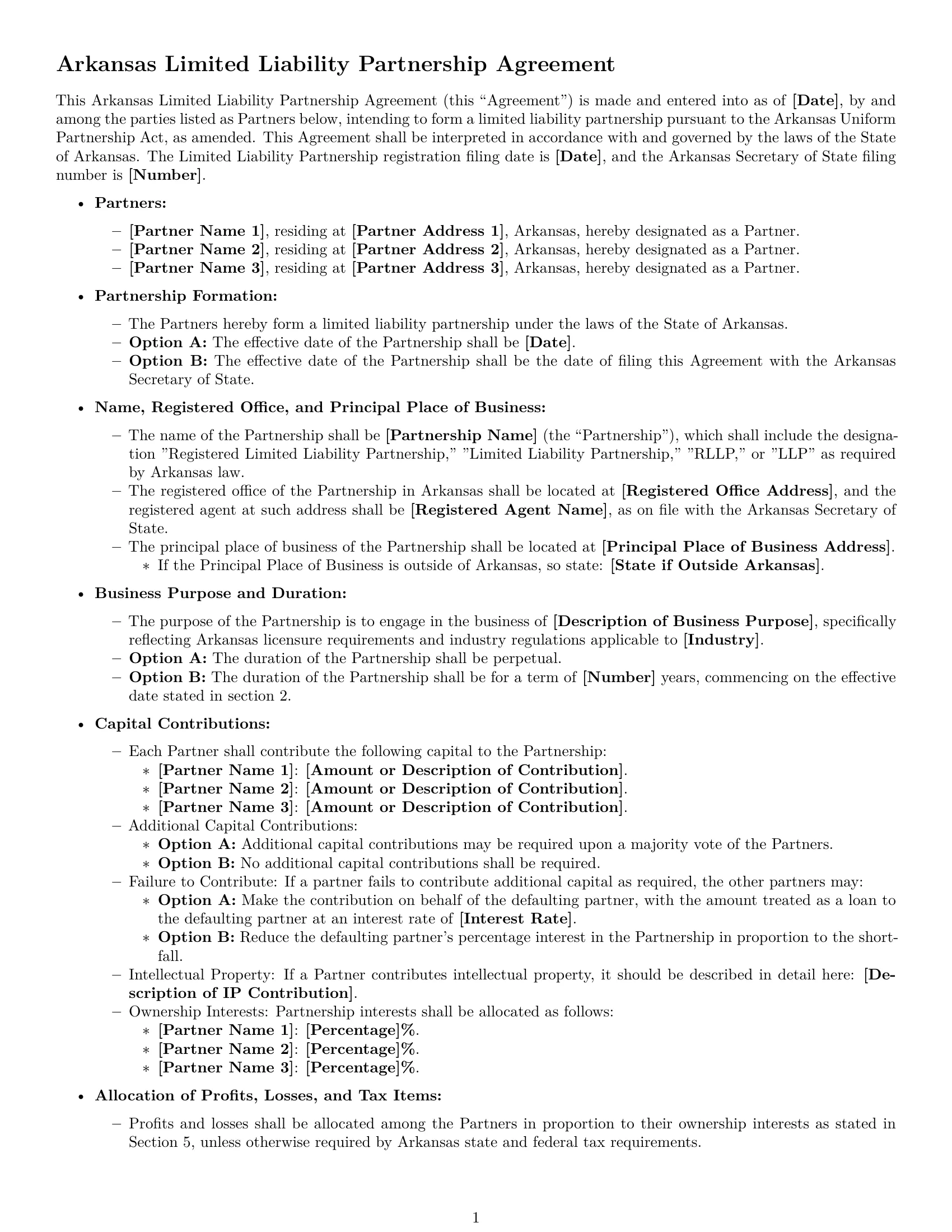 Preview page 1 of Free Arkansas limited liability partnership agreement template