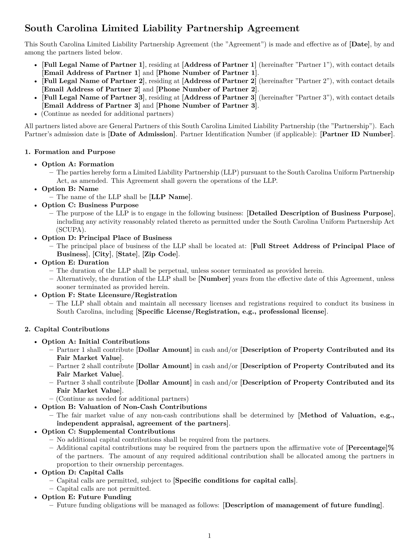Preview page 1 of Free South Carolina limited liability partnership agreement template