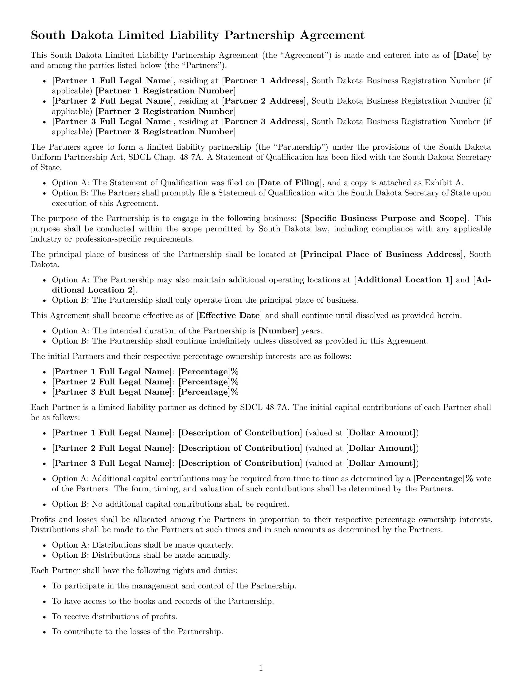 Preview page 1 of Free South Dakota limited liability partnership agreement template