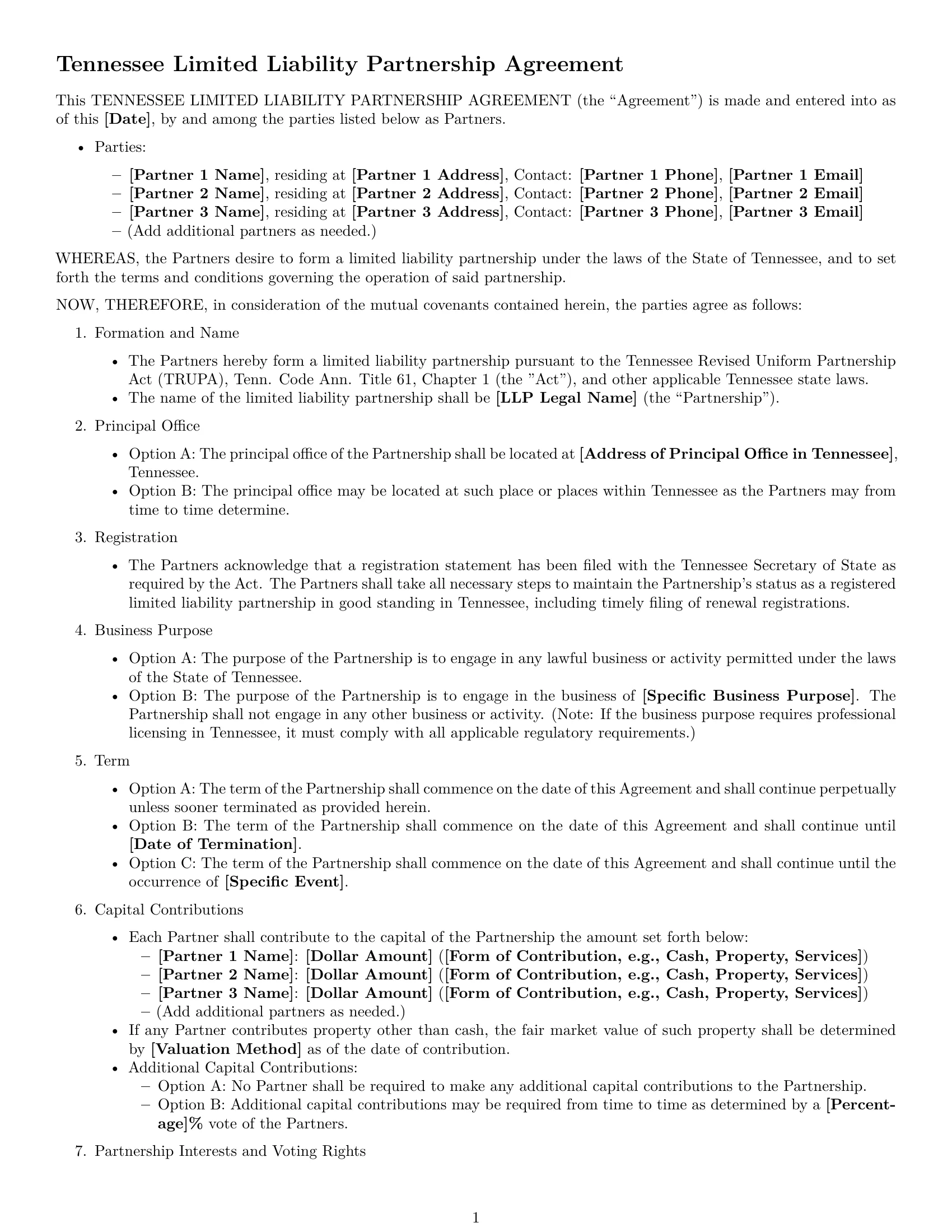 Preview page 1 of Free Tennessee limited liability partnership agreement template