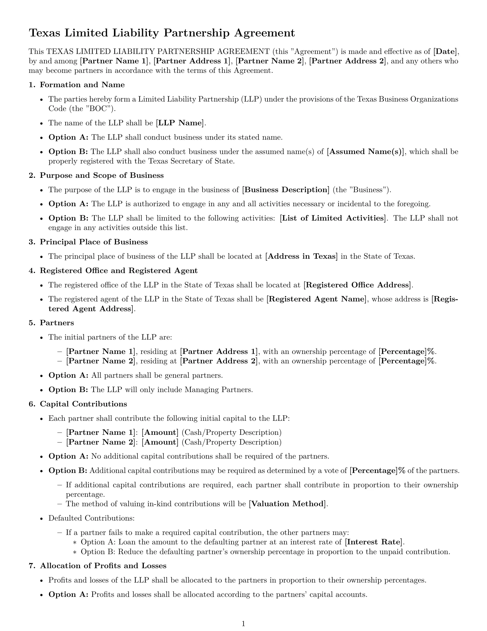 Preview page 1 of Free Texas limited liability partnership agreement template