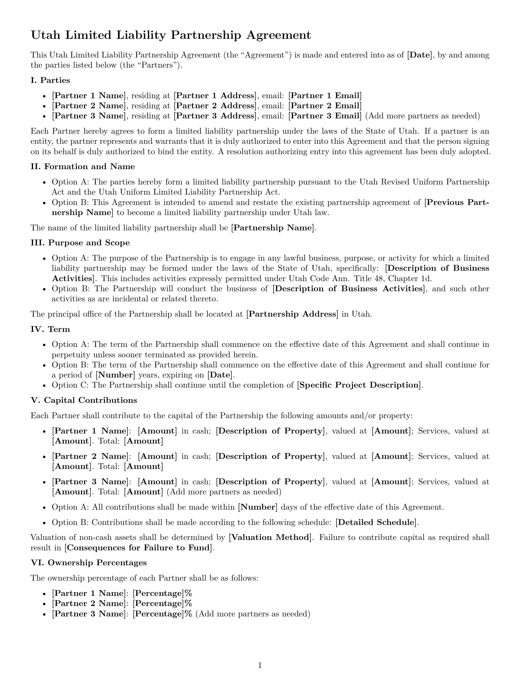 Preview page 1 of Free Utah limited liability partnership agreement template