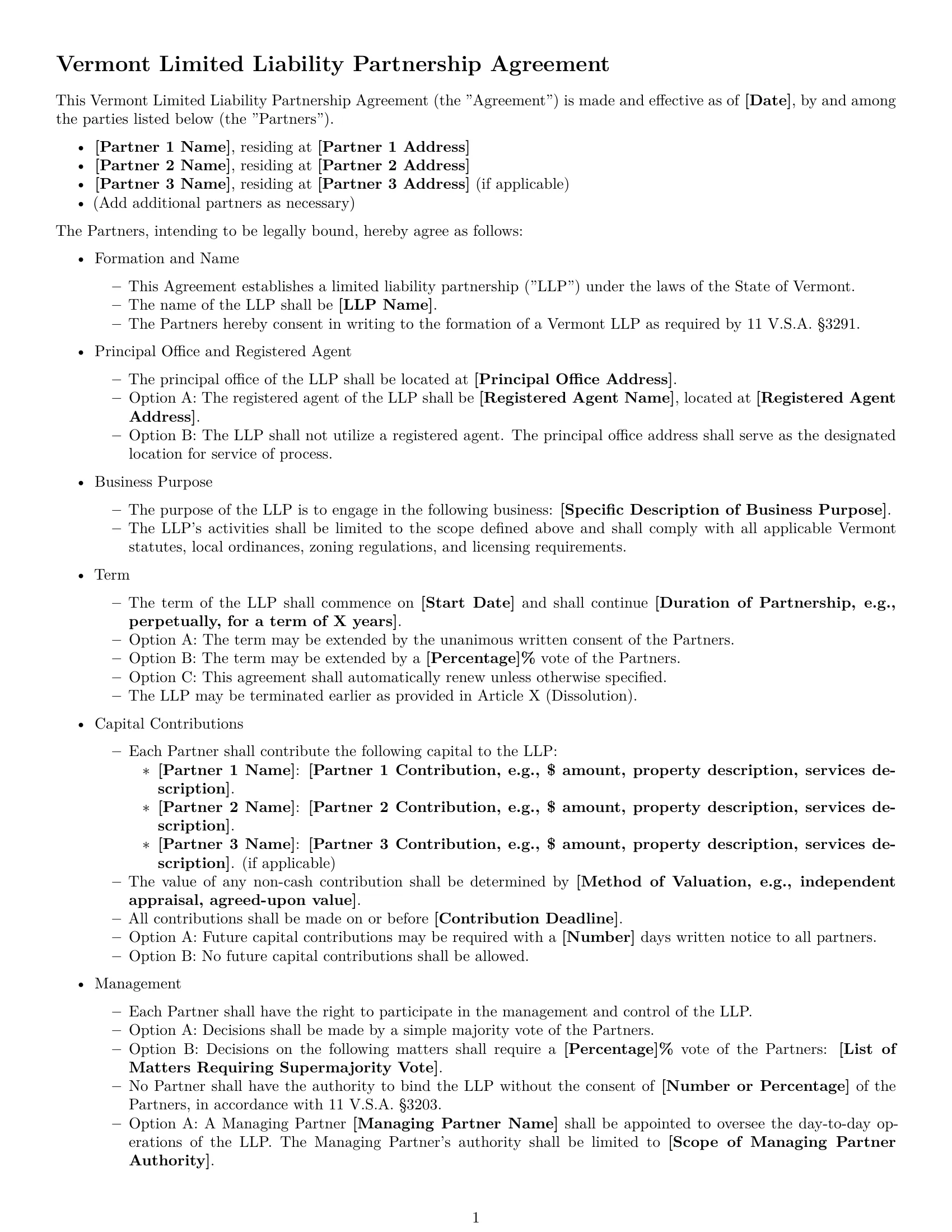 Preview page 1 of Free Vermont limited liability partnership agreement template