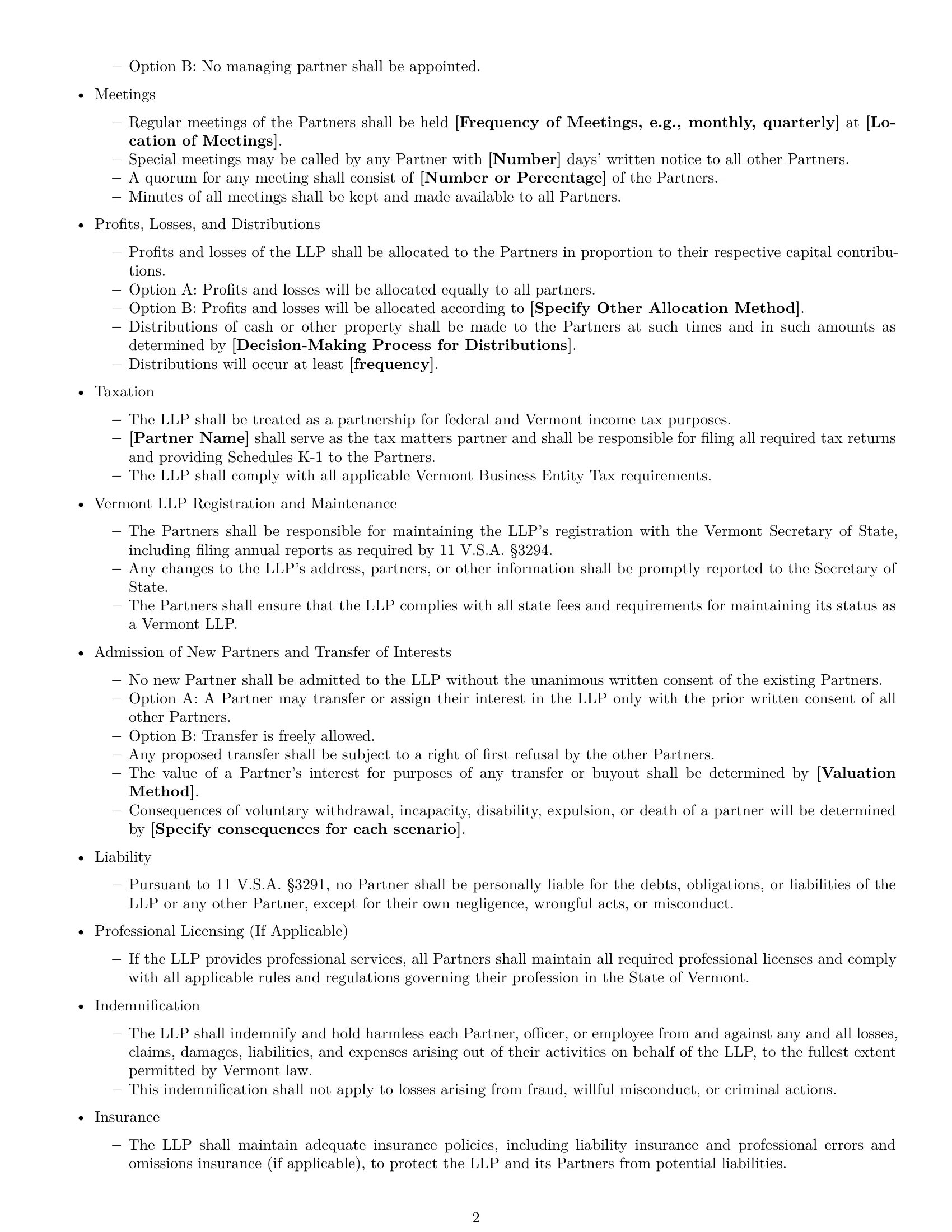 Preview page 2 of Free Vermont limited liability partnership agreement template