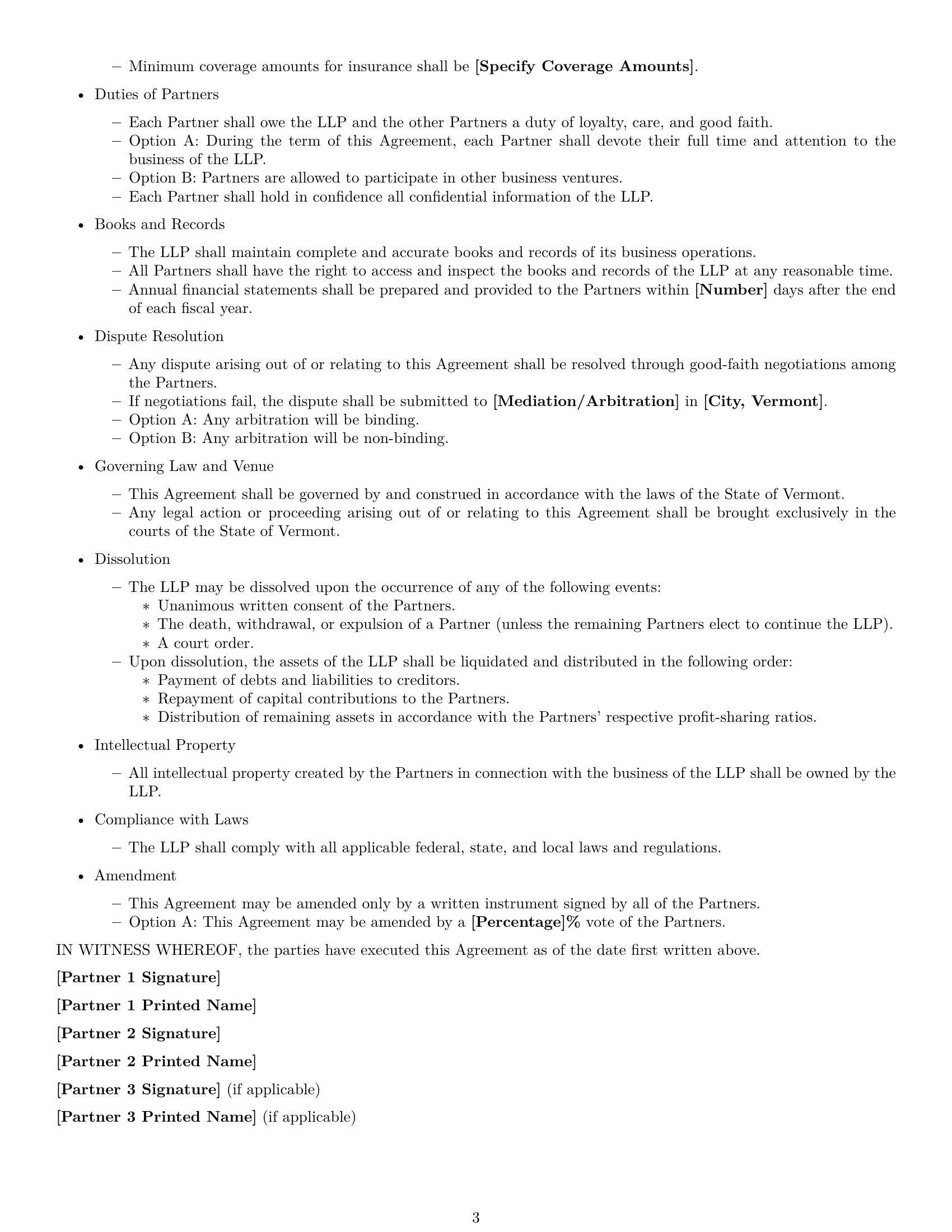 Preview page 3 of Free Vermont limited liability partnership agreement template