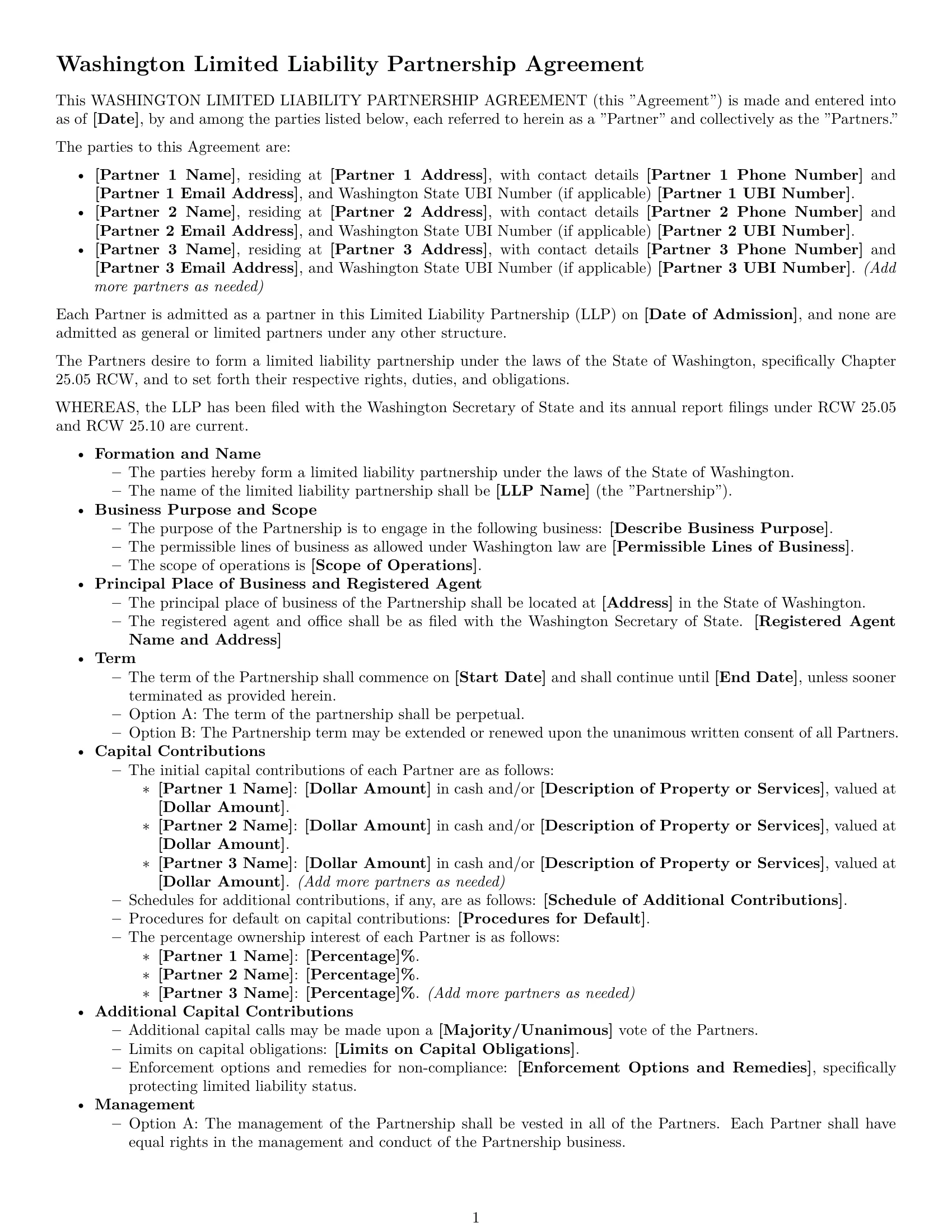 Preview page 1 of Free Washington limited liability partnership agreement template