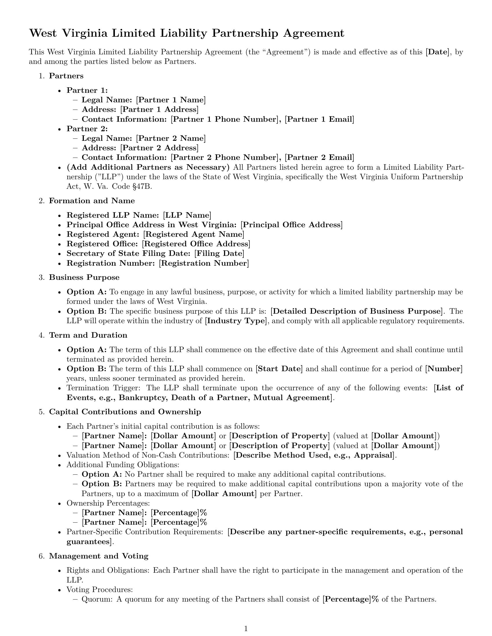 Preview page 1 of Free West Virginia limited liability partnership agreement template