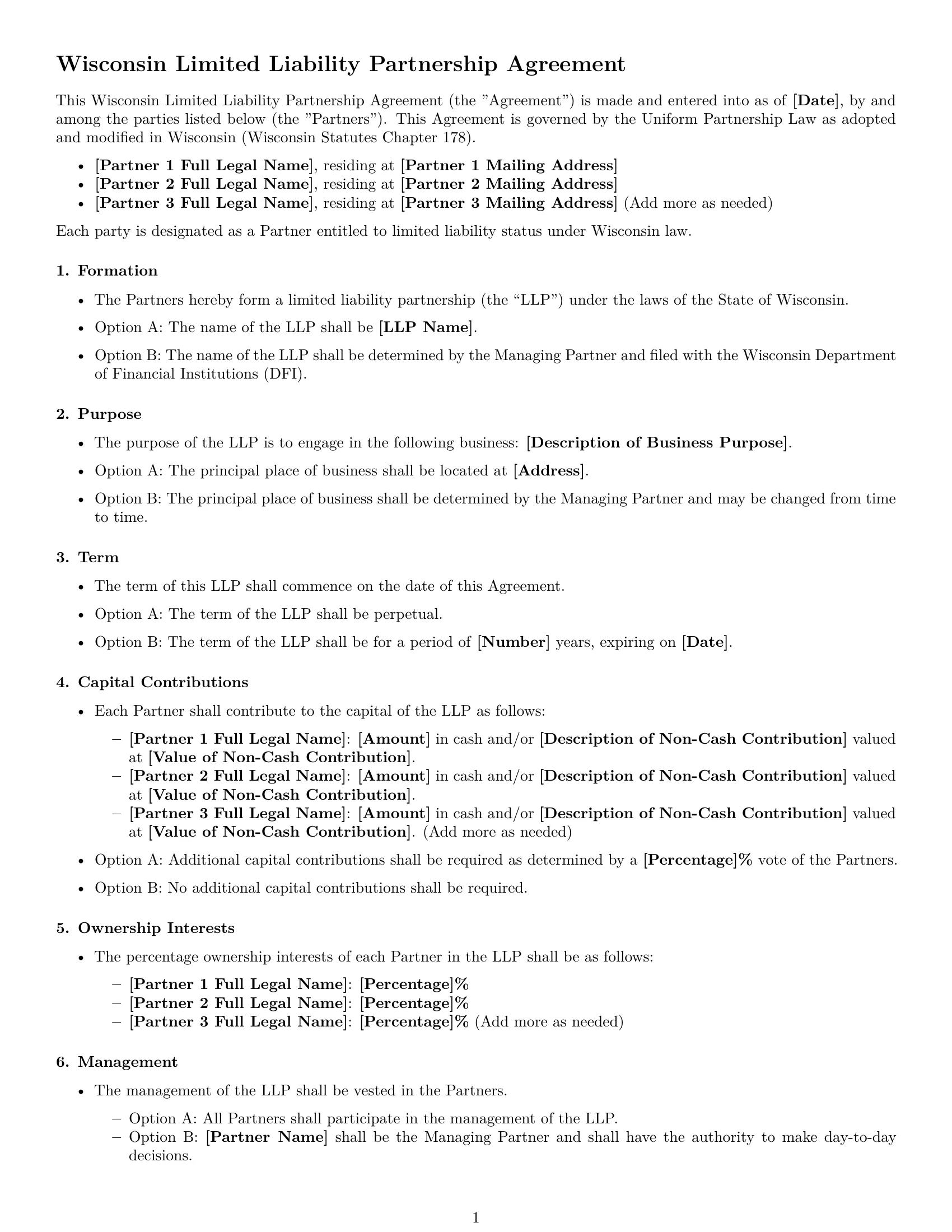 Preview page 1 of Free Wisconsin limited liability partnership agreement template