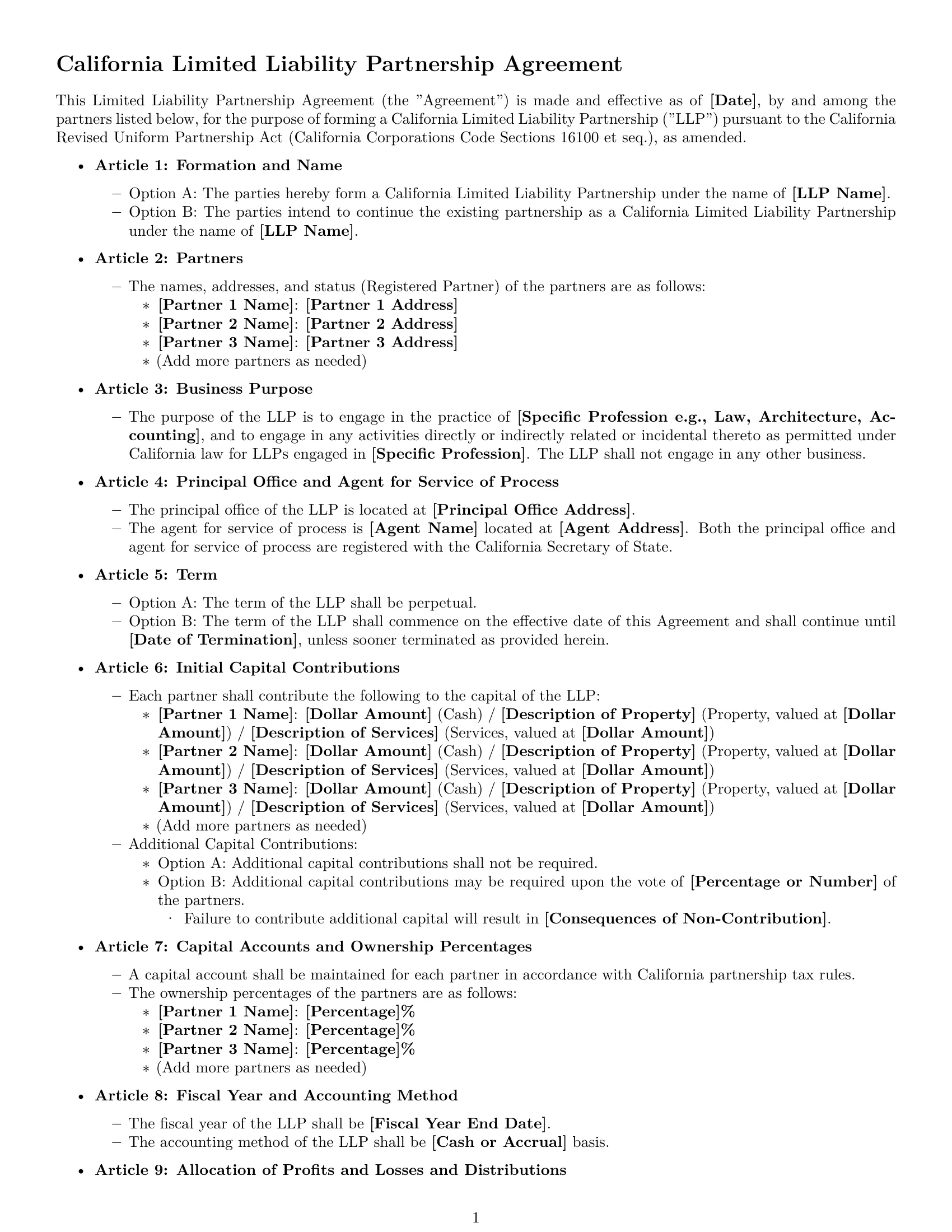 Preview page 1 of Free California limited liability partnership agreement template