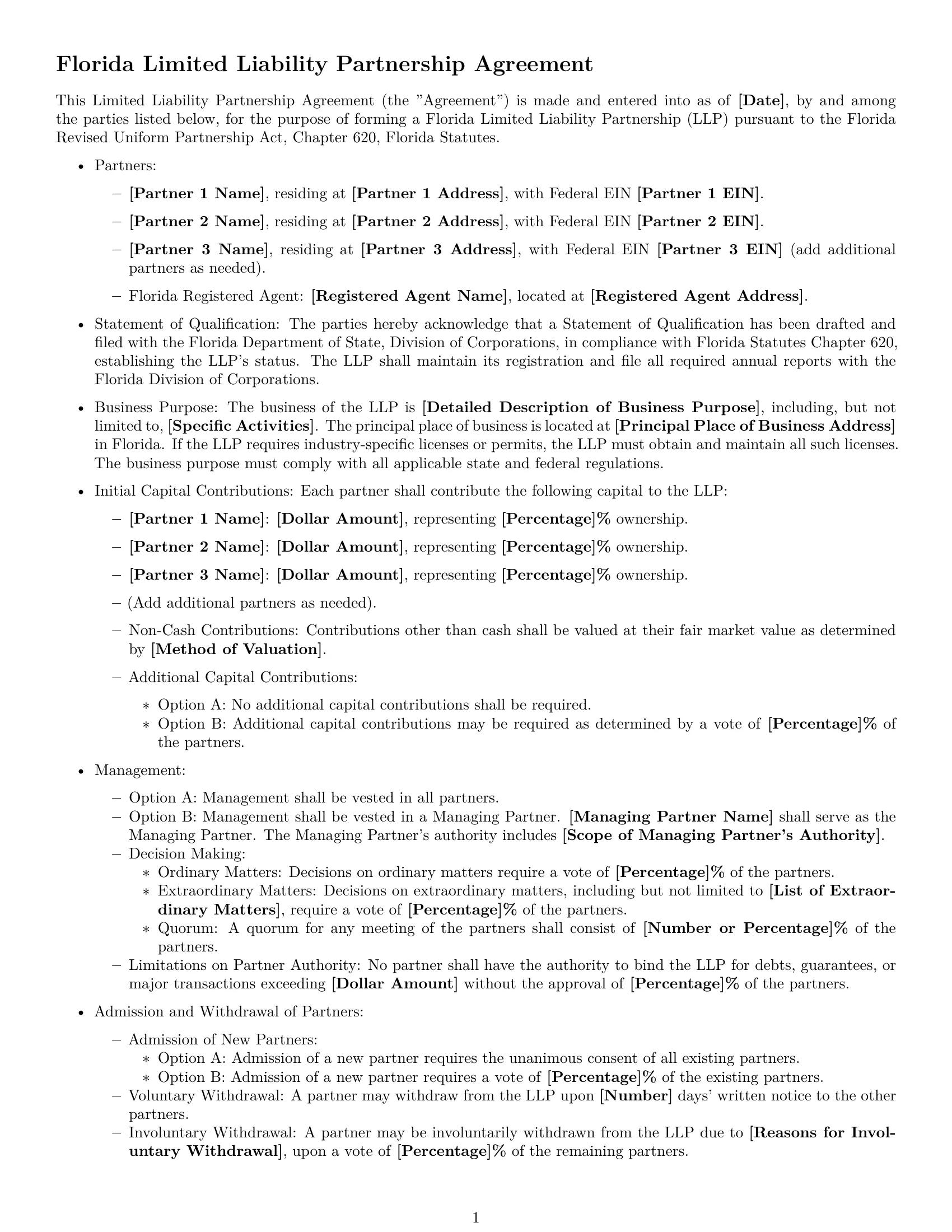 Preview page 1 of Free Florida limited liability partnership agreement template