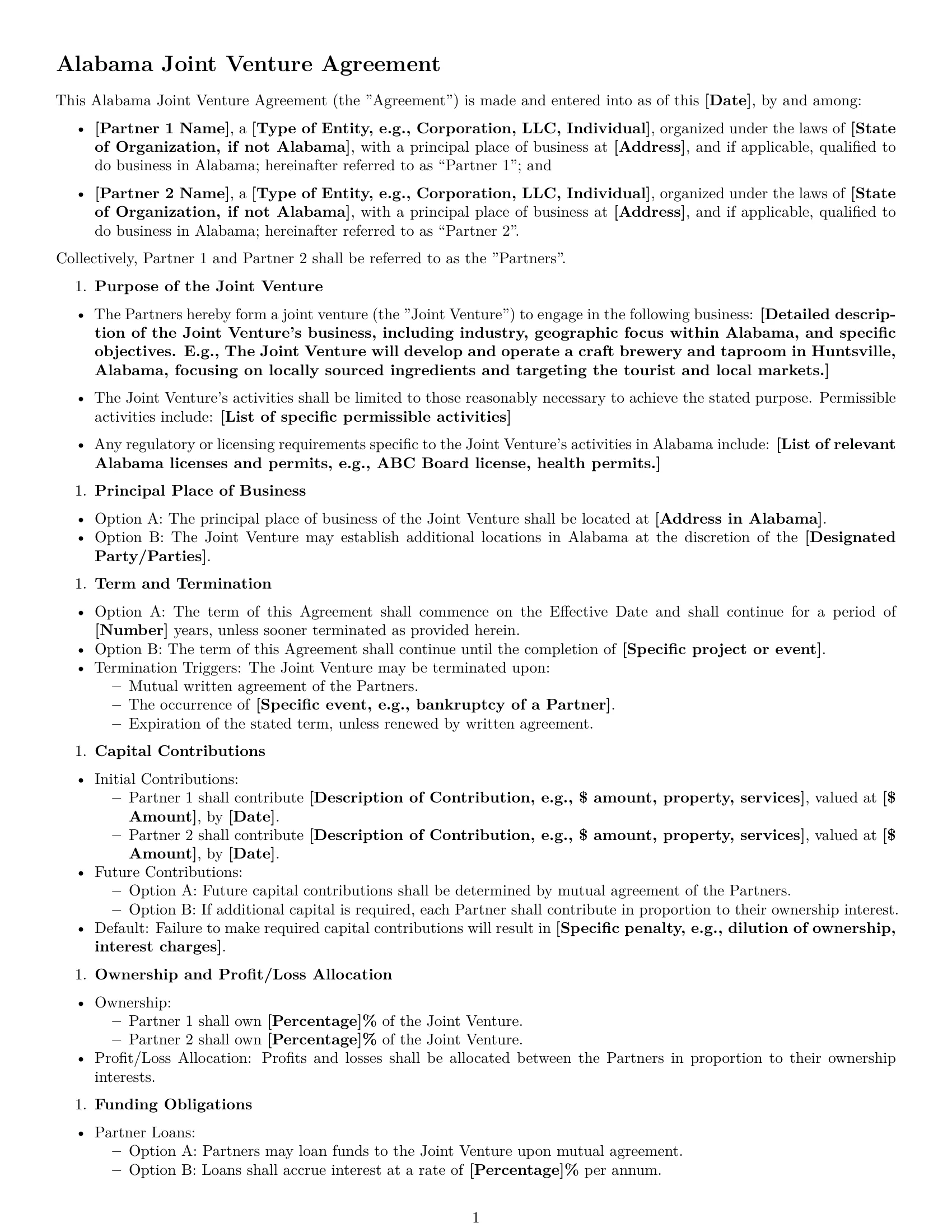 Preview page 1 of Free Alabama joint venture agreement template