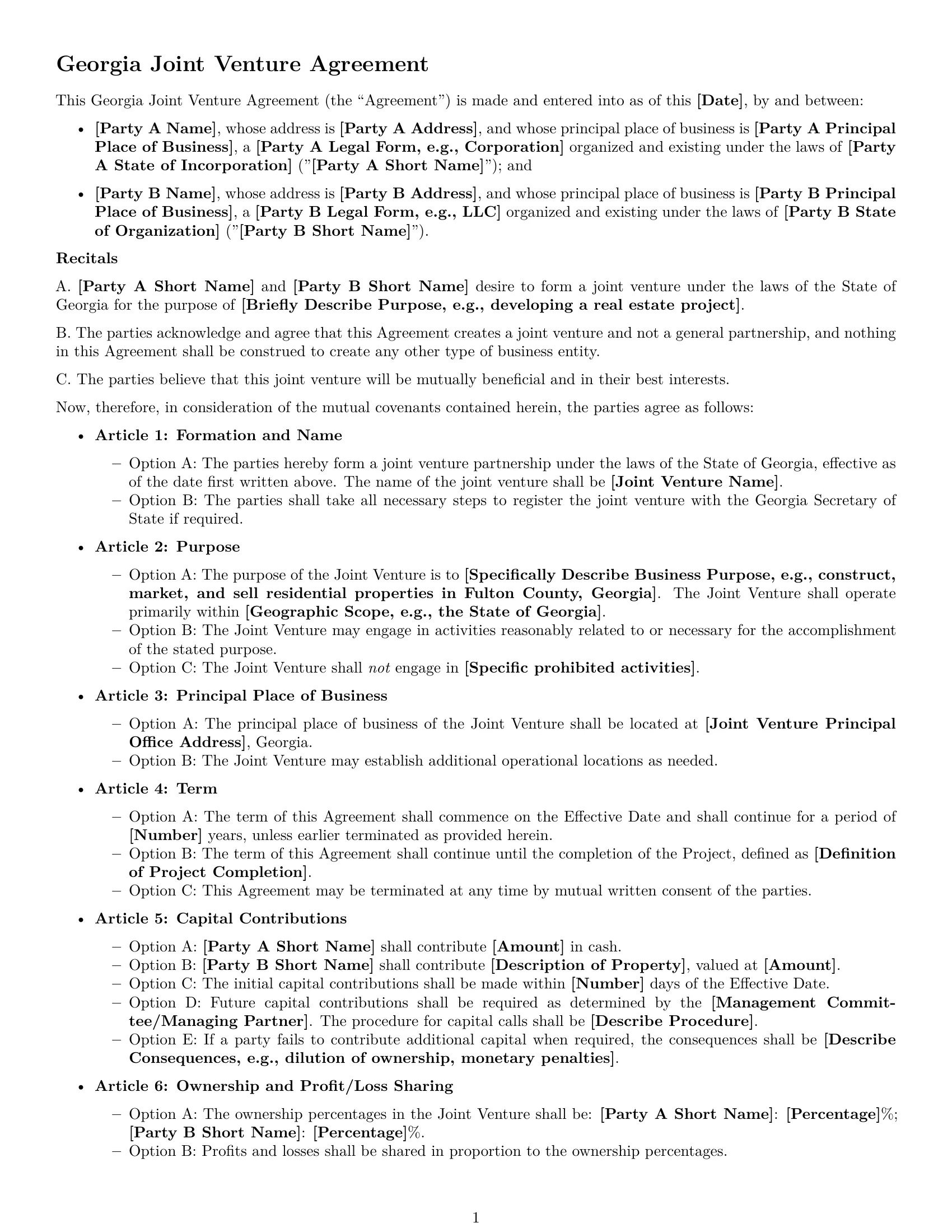 Preview page 1 of Free Georgia joint venture agreement template