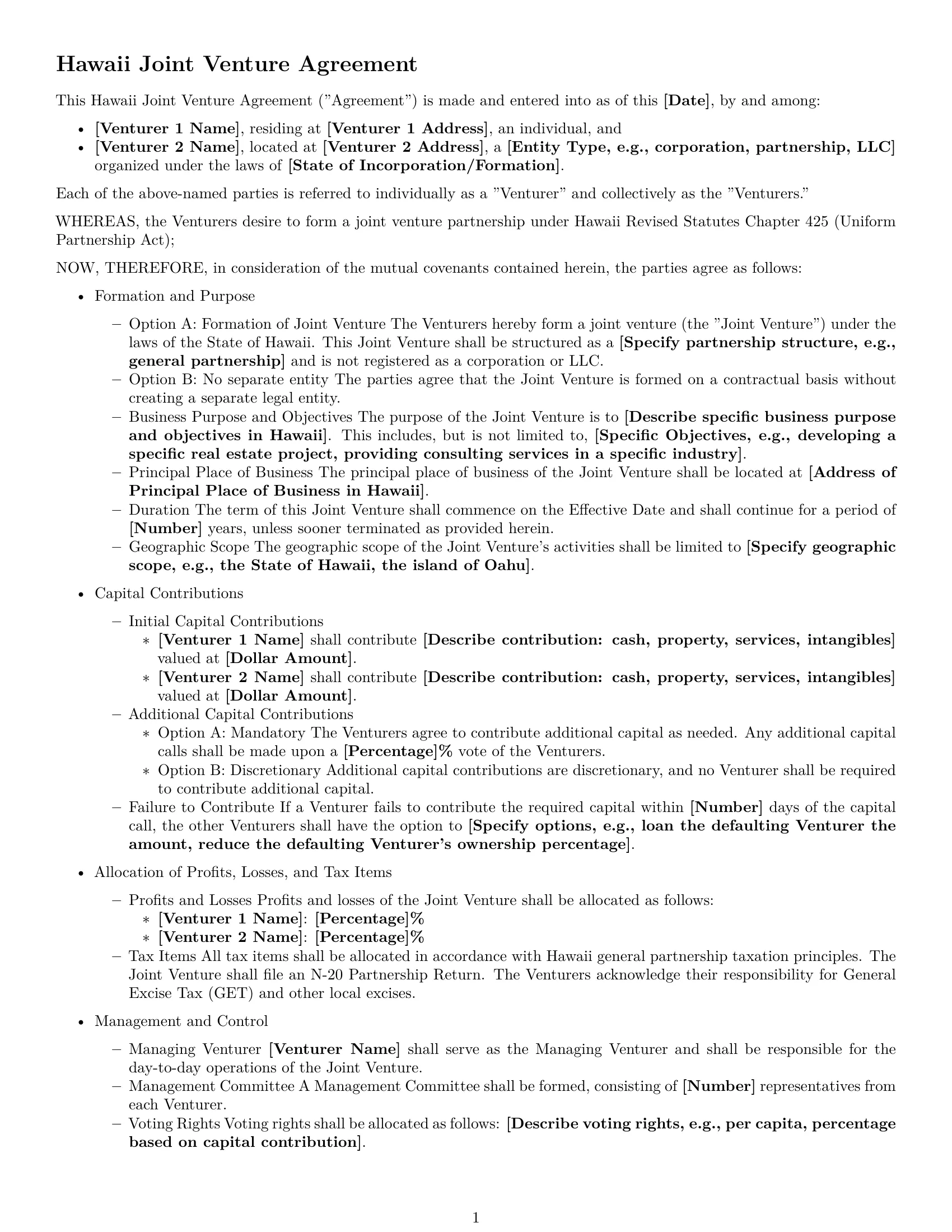 Preview page 1 of Free Hawaii joint venture agreement template