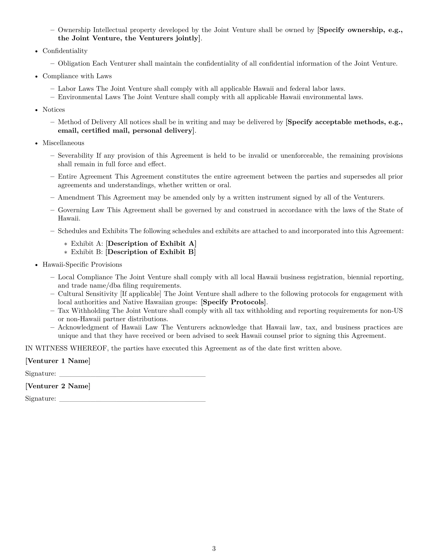 Preview page 3 of Free Hawaii joint venture agreement template