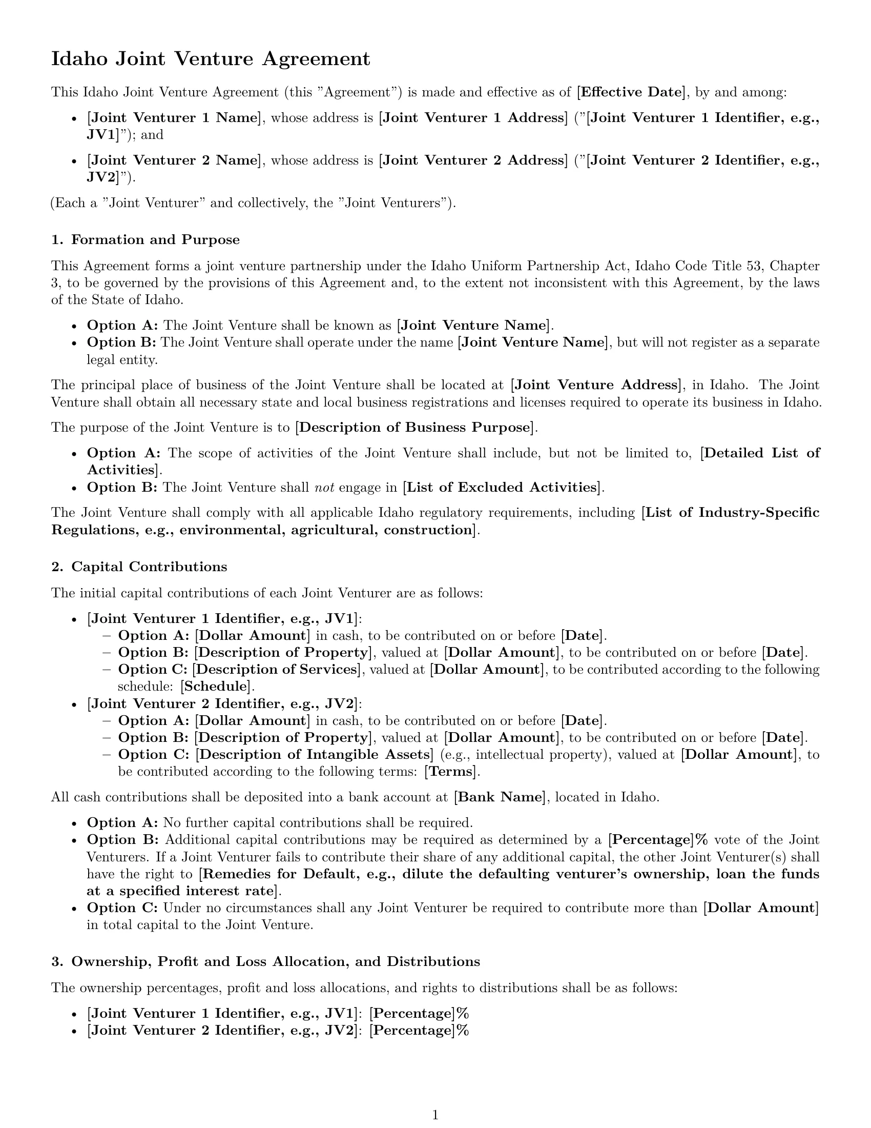 Preview page 1 of Free Idaho joint venture agreement template
