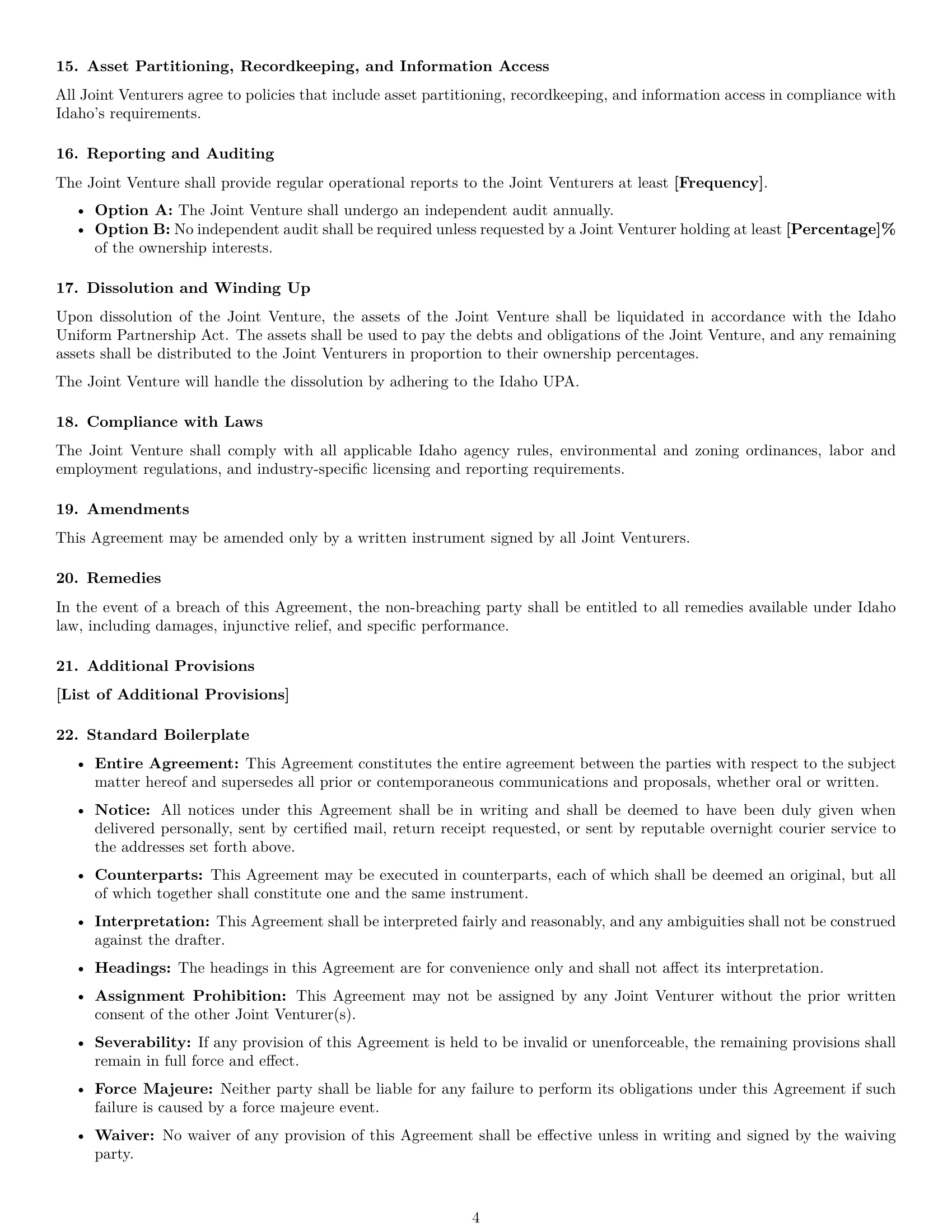 Preview page 4 of Free Idaho joint venture agreement template