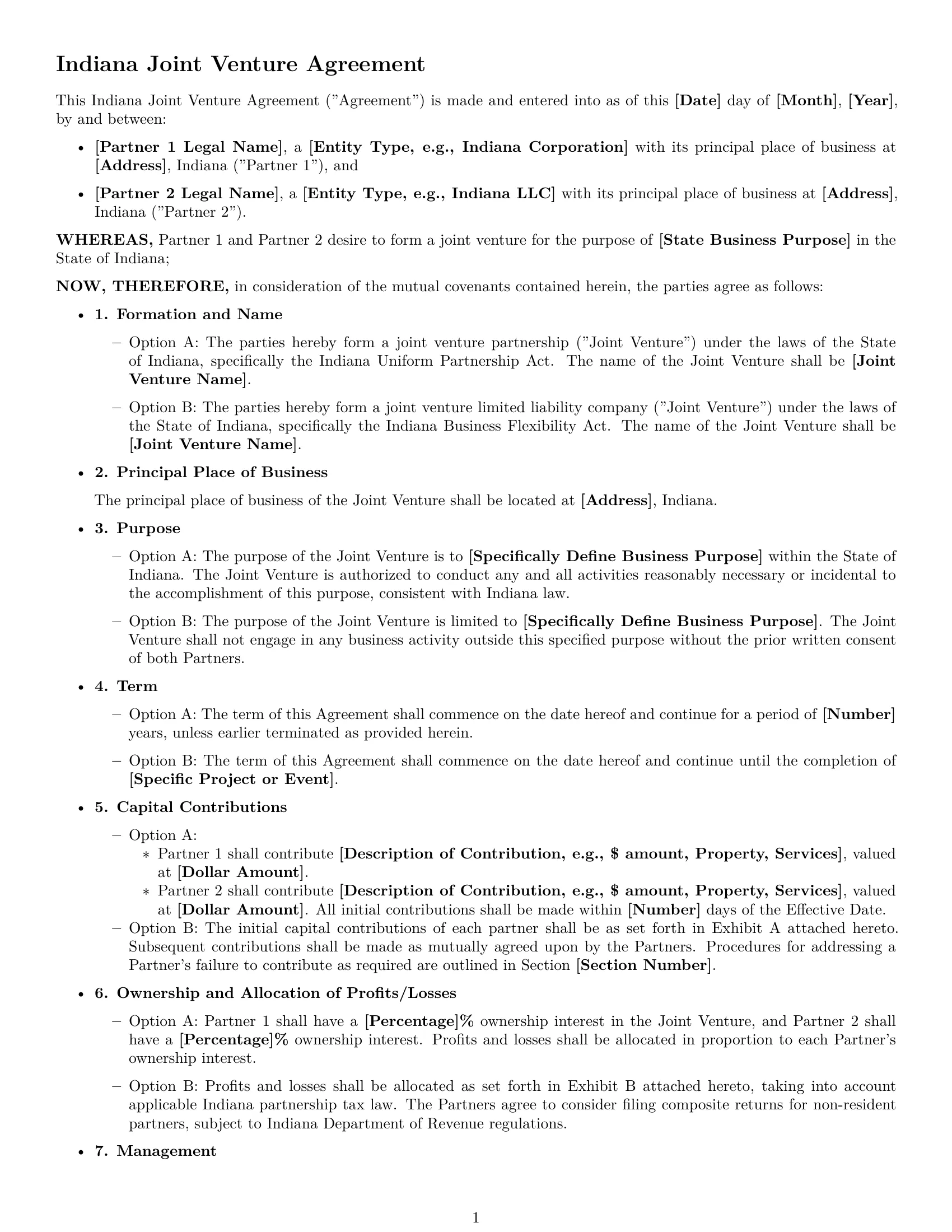 Preview page 1 of Free Indiana joint venture agreement template