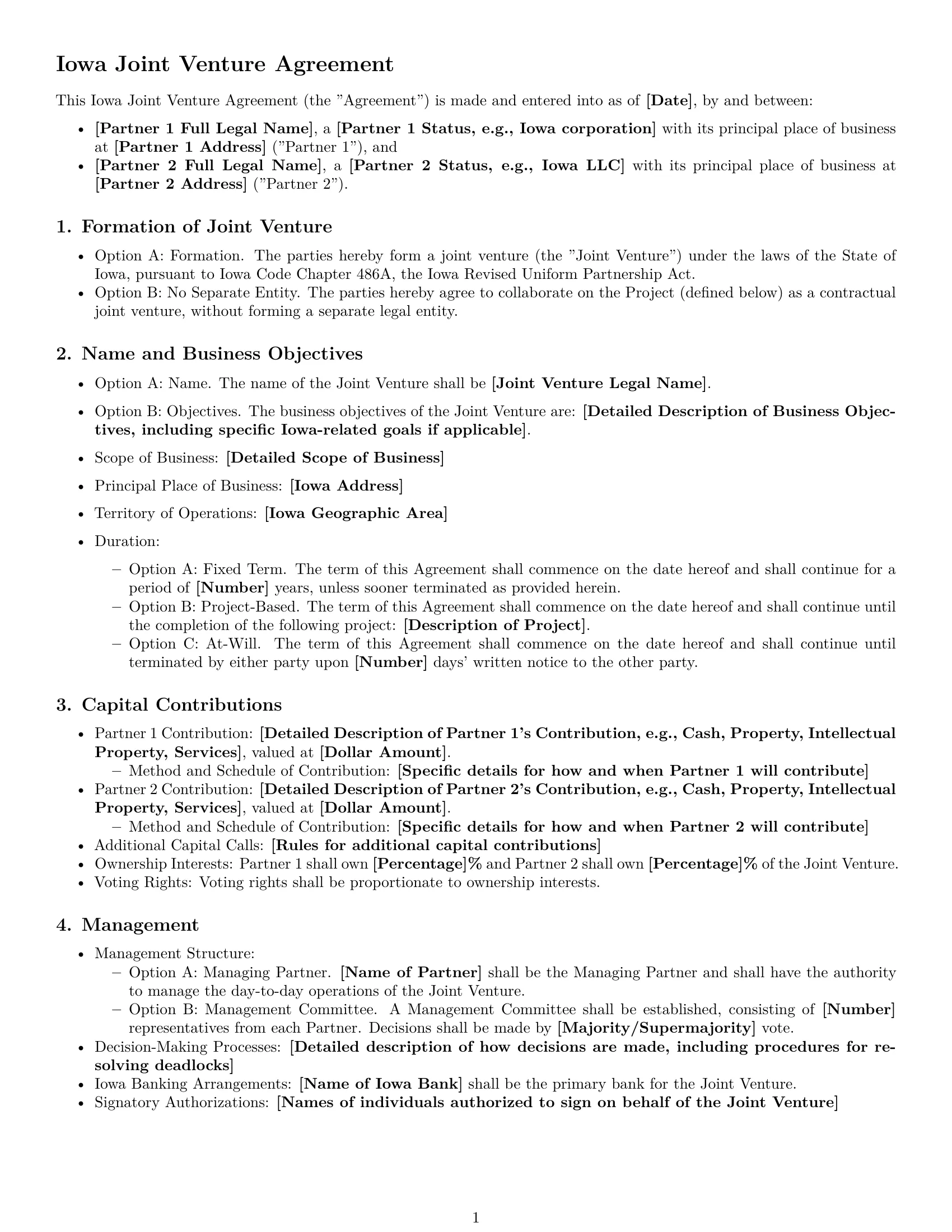 Preview page 1 of Free Iowa joint venture agreement template