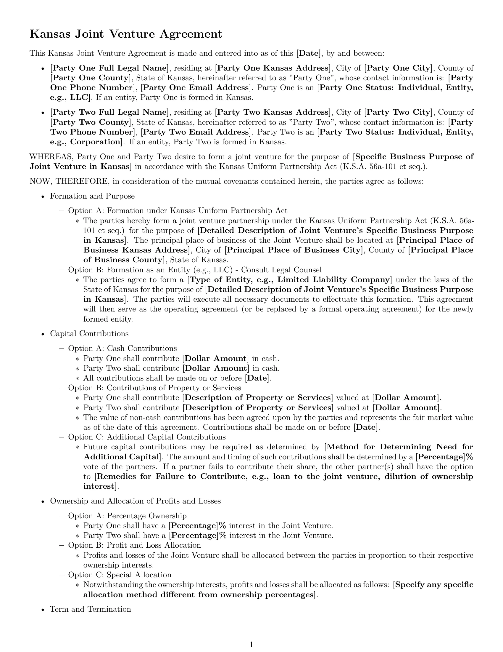 Preview page 1 of Free Kansas joint venture agreement template