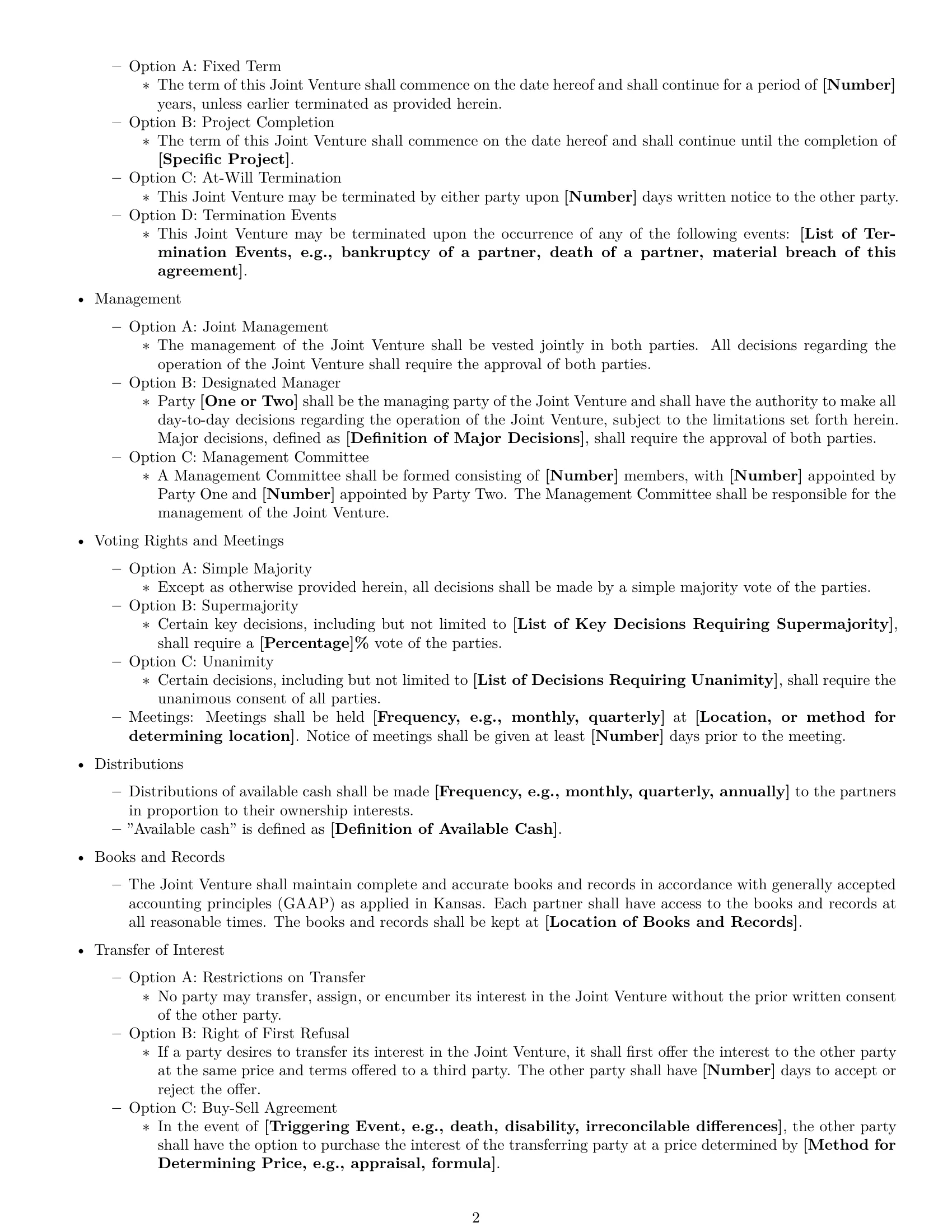 Preview page 2 of Free Kansas joint venture agreement template
