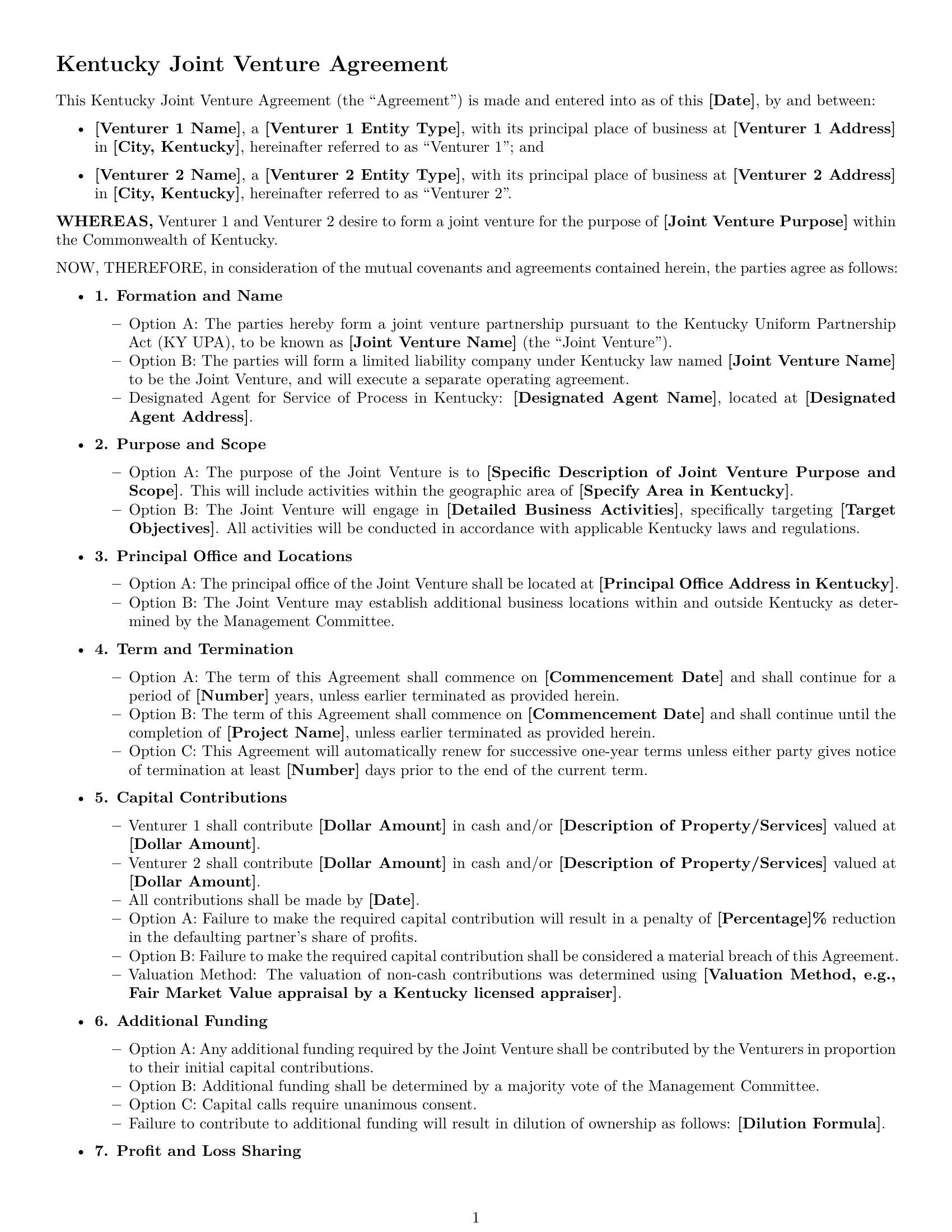 Preview page 1 of Free Kentucky joint venture agreement template