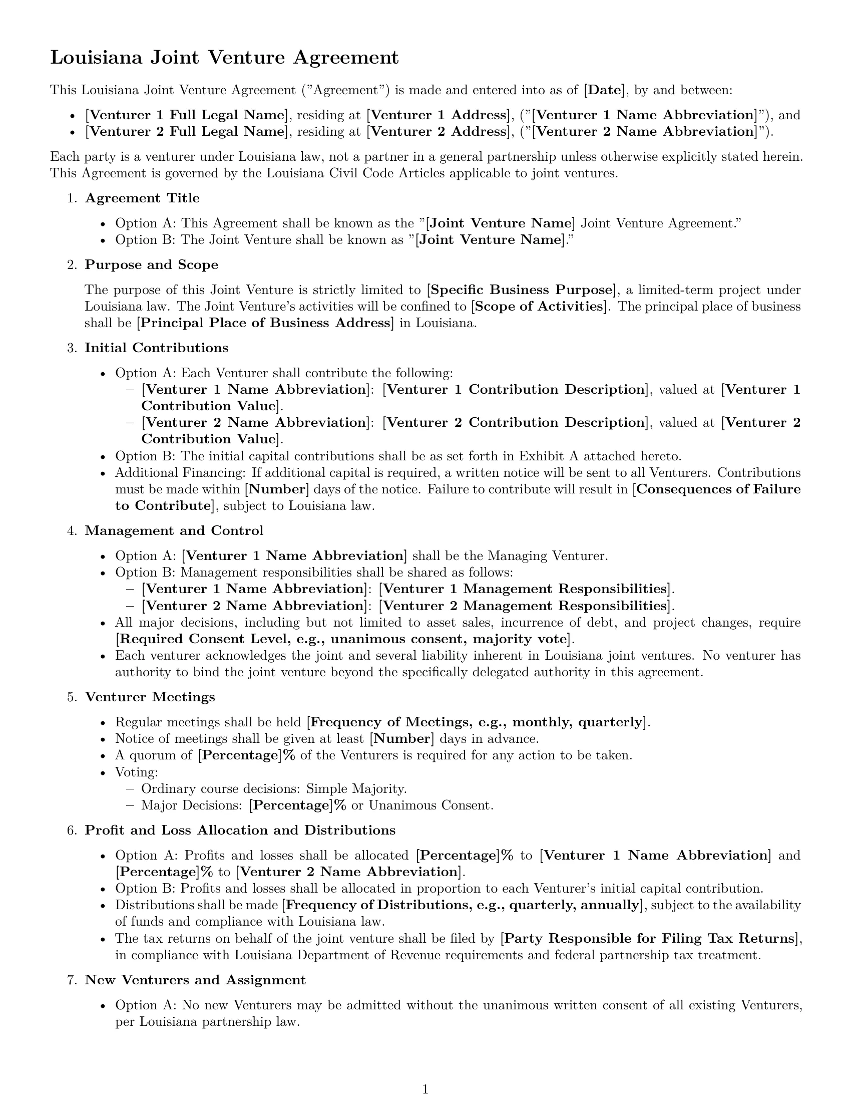 Preview page 1 of Free Louisiana joint venture agreement template