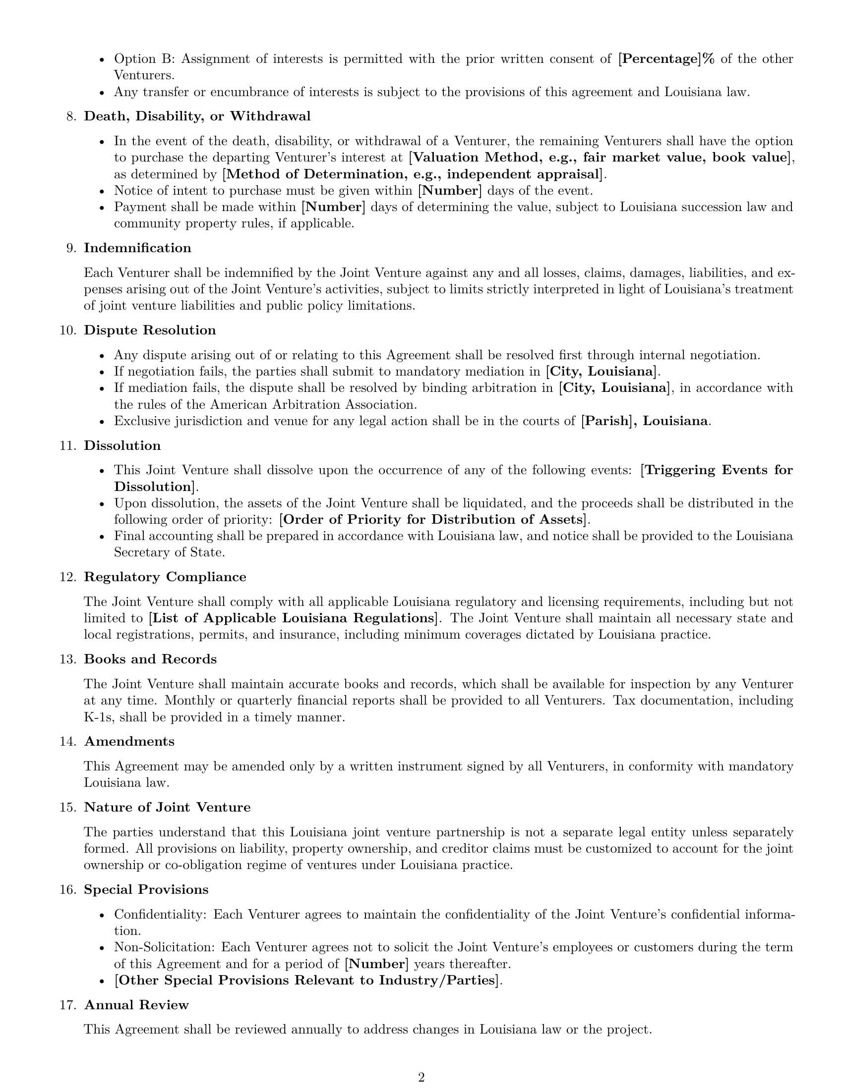Preview page 2 of Free Louisiana joint venture agreement template