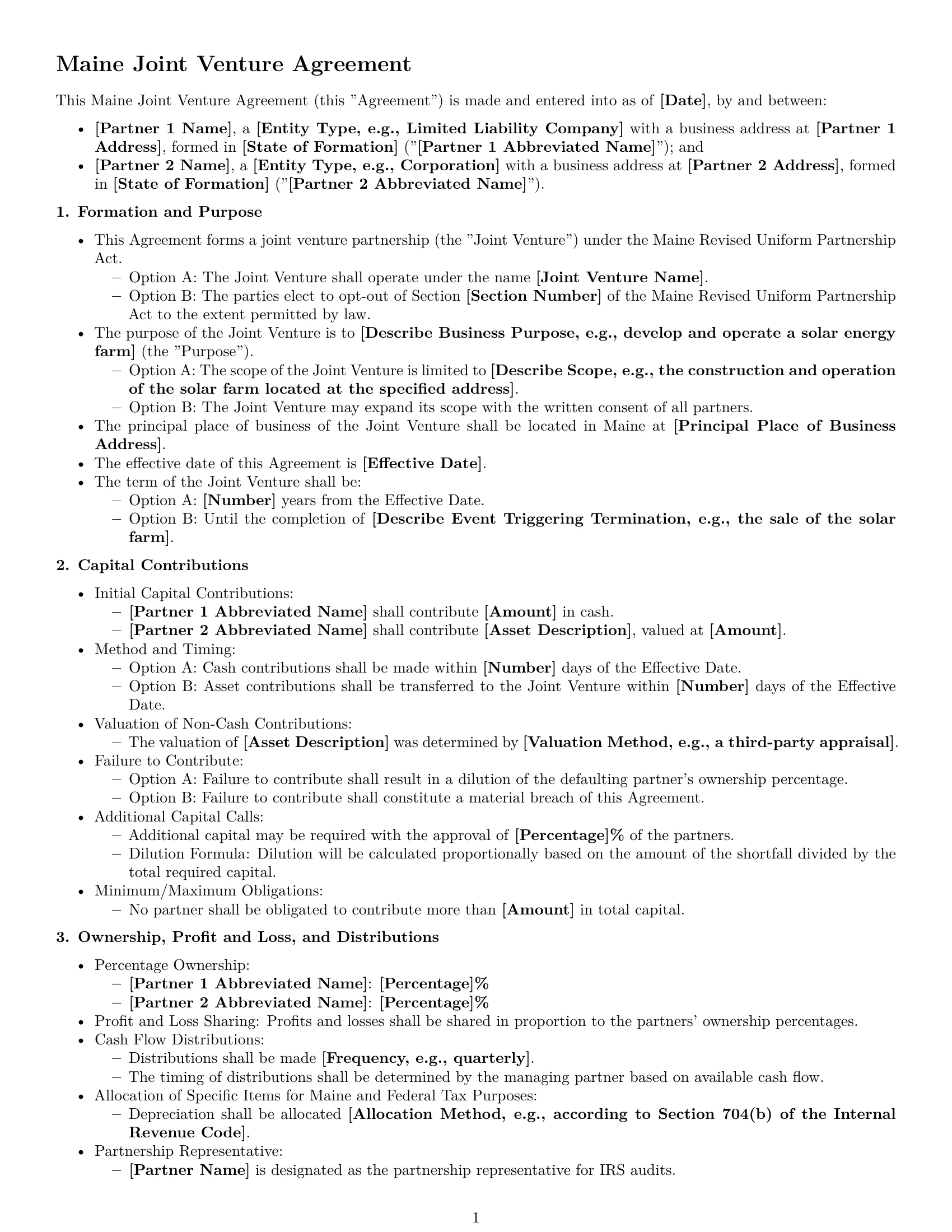 Preview page 1 of Free Maine joint venture agreement template