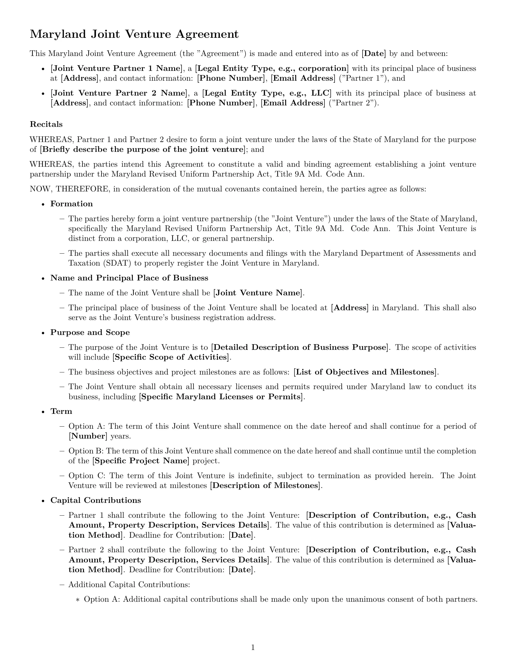 Preview page 1 of Free Maryland joint venture agreement template