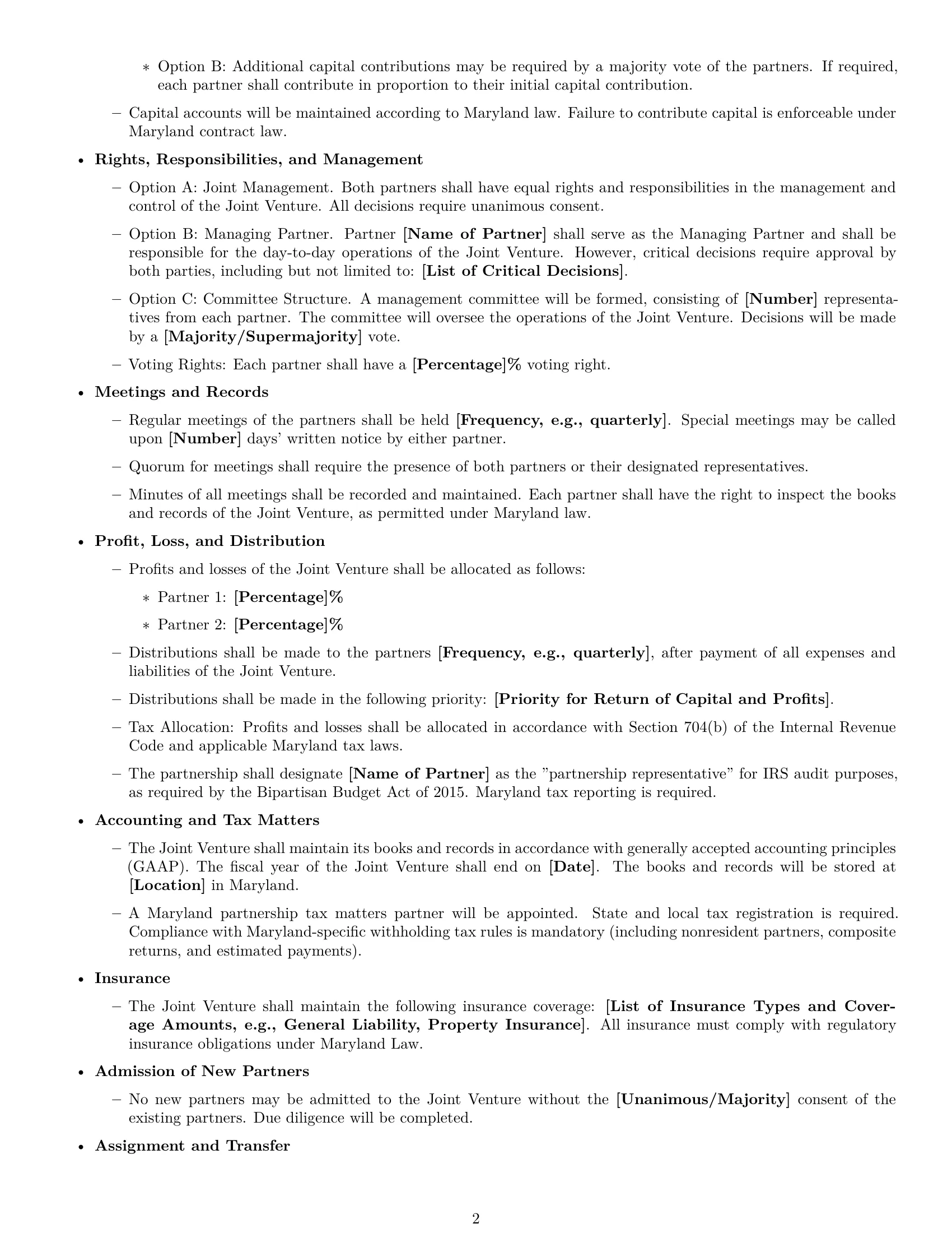 Preview page 2 of Free Maryland joint venture agreement template