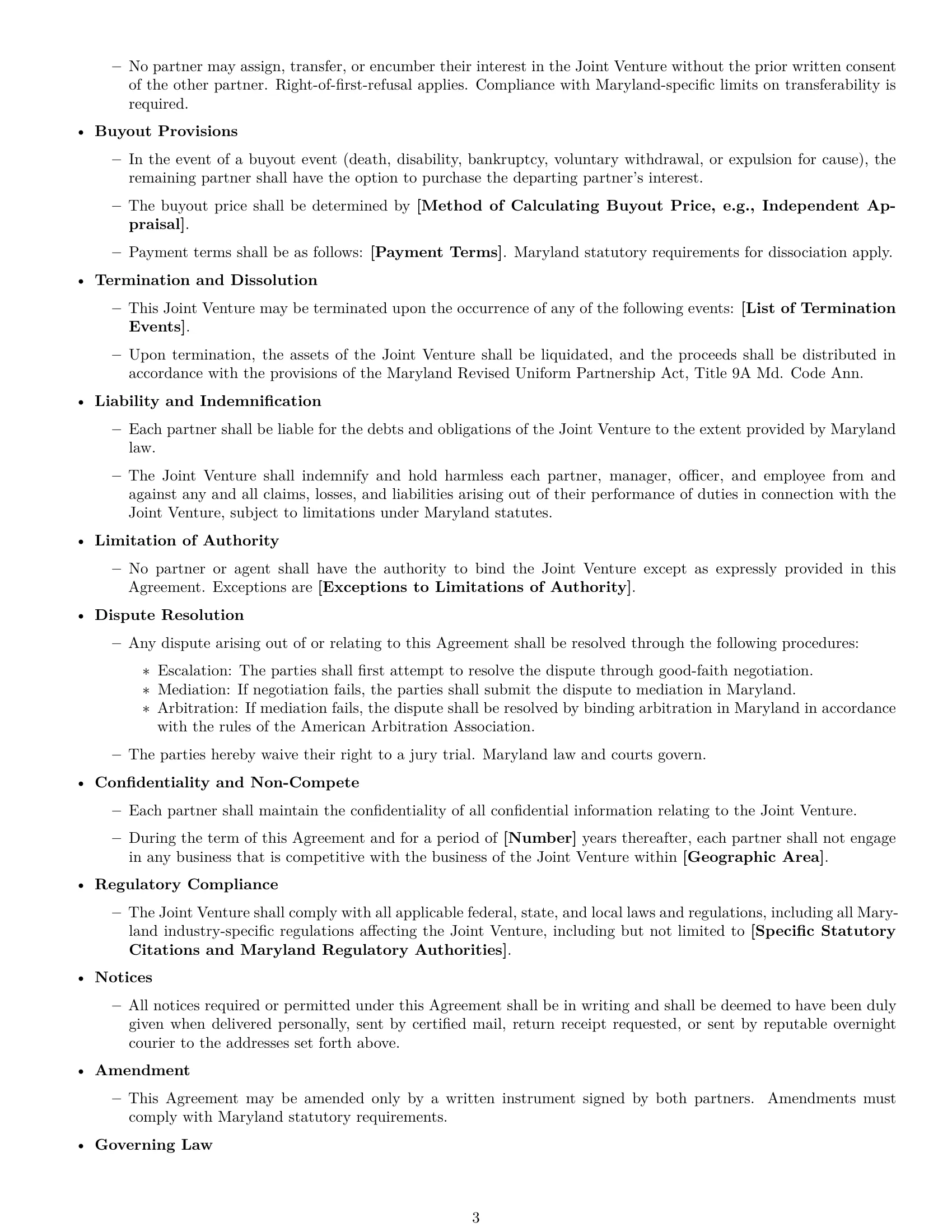 Preview page 3 of Free Maryland joint venture agreement template