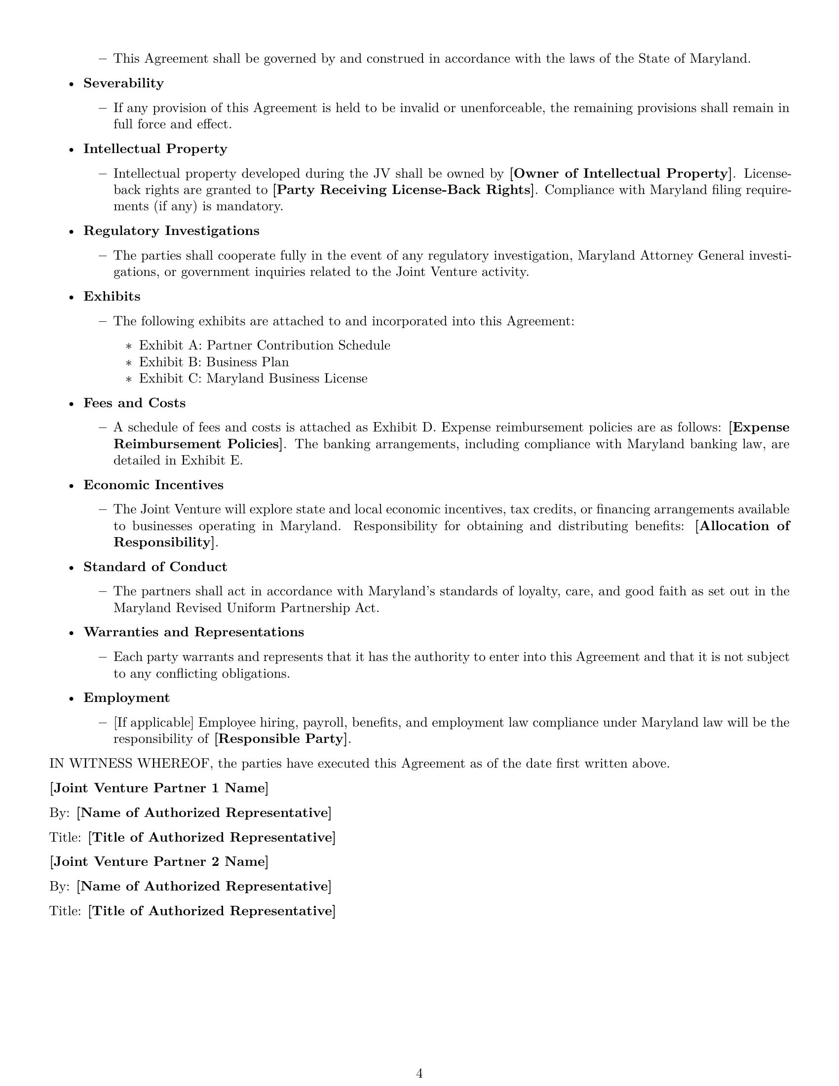 Preview page 4 of Free Maryland joint venture agreement template