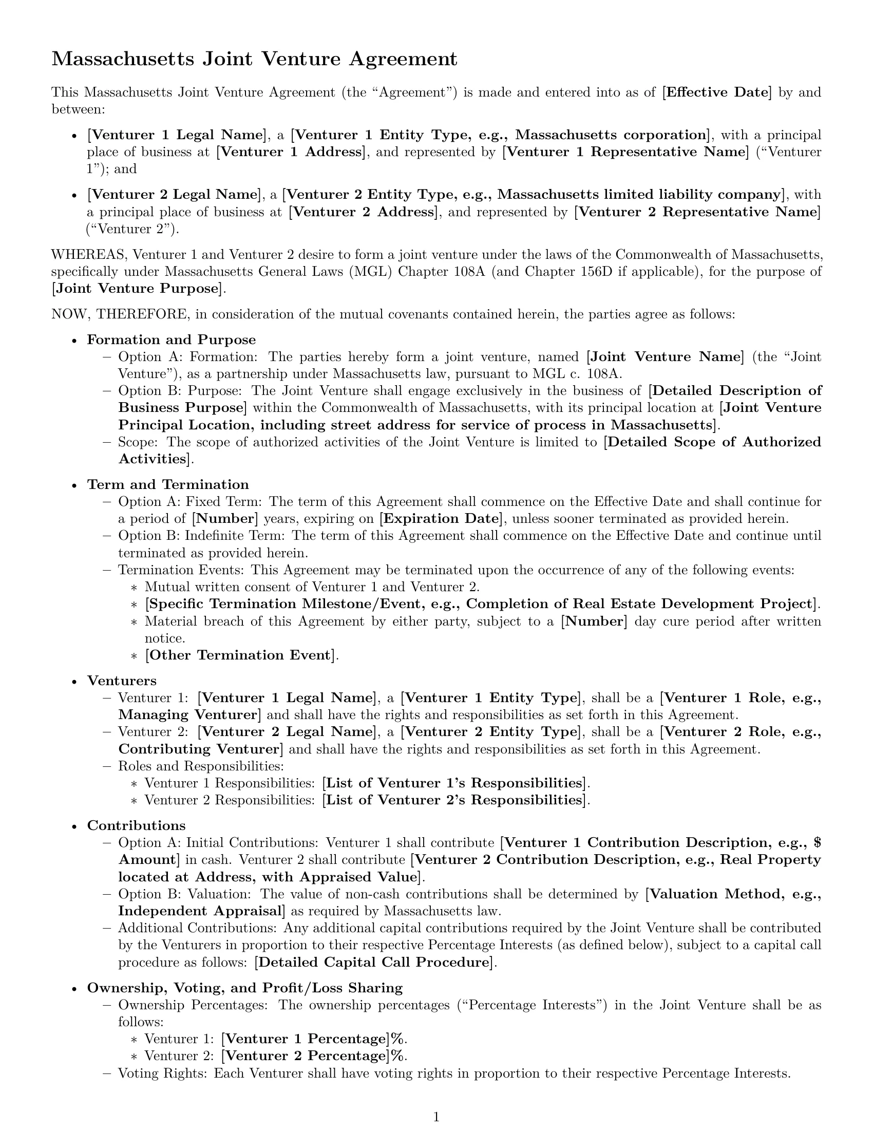 Preview page 1 of Free Massachusetts joint venture agreement template