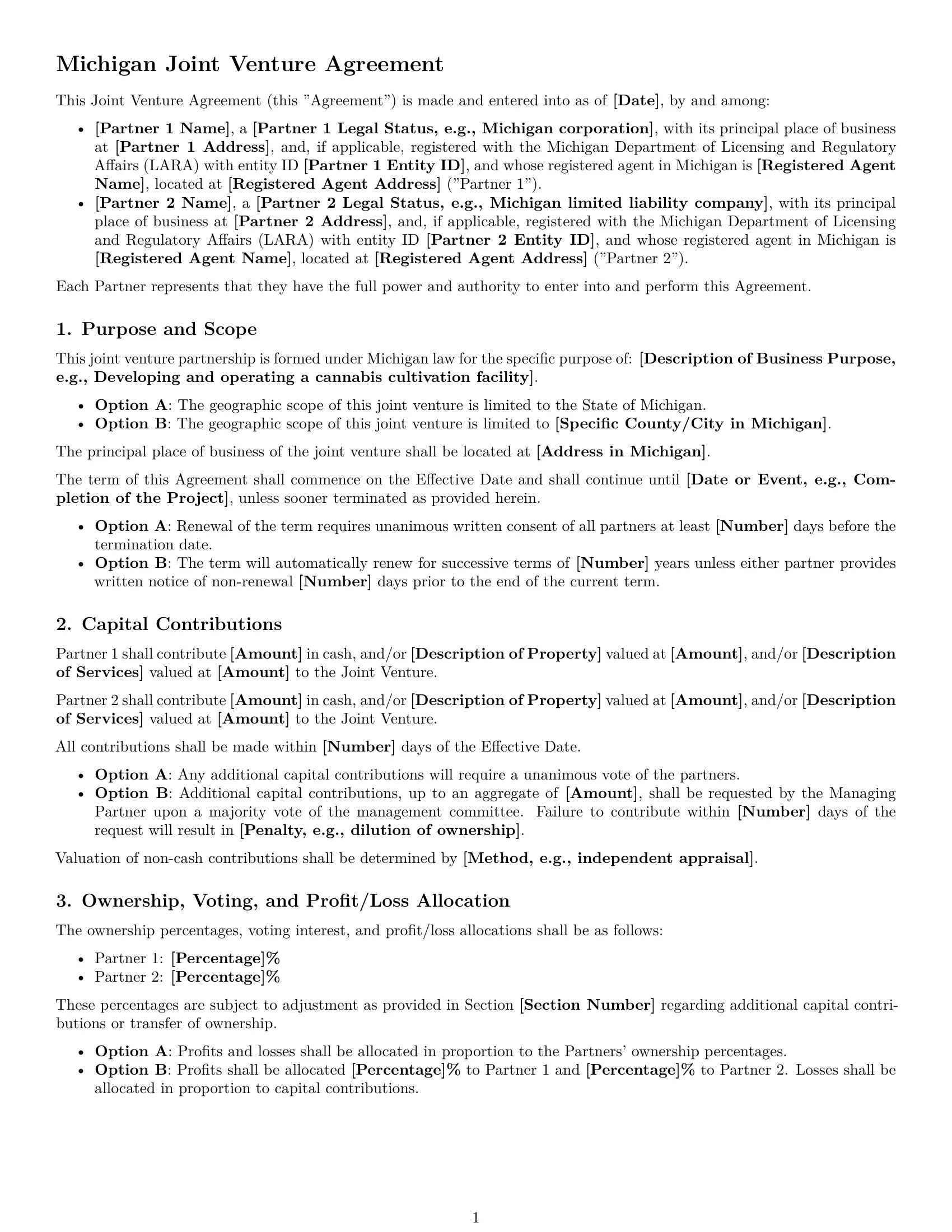 Preview page 1 of Free Michigan joint venture agreement template