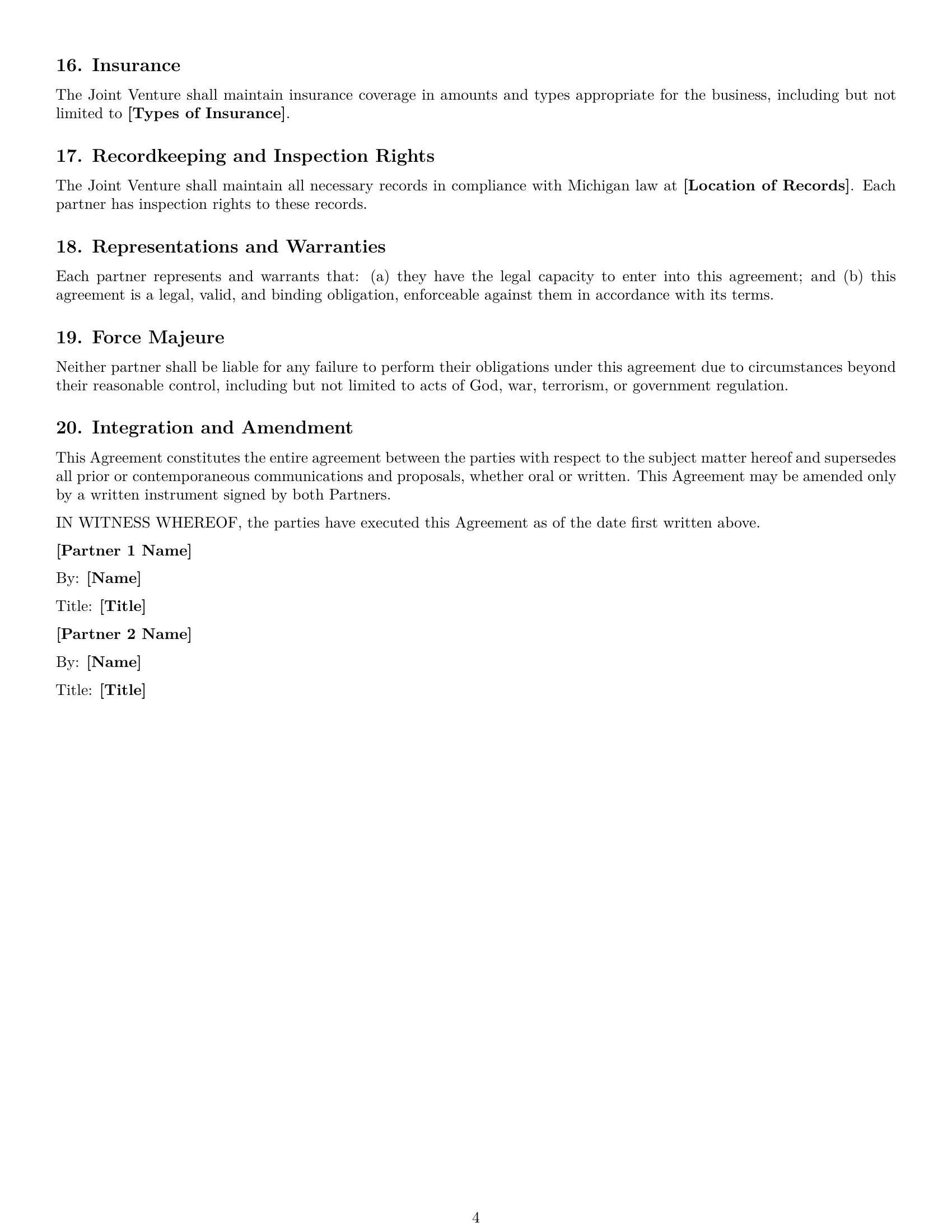 Preview page 4 of Free Michigan joint venture agreement template