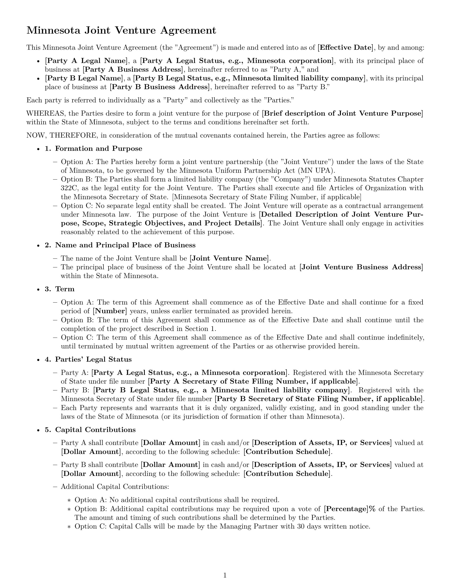 Preview page 1 of Free Minnesota joint venture agreement template