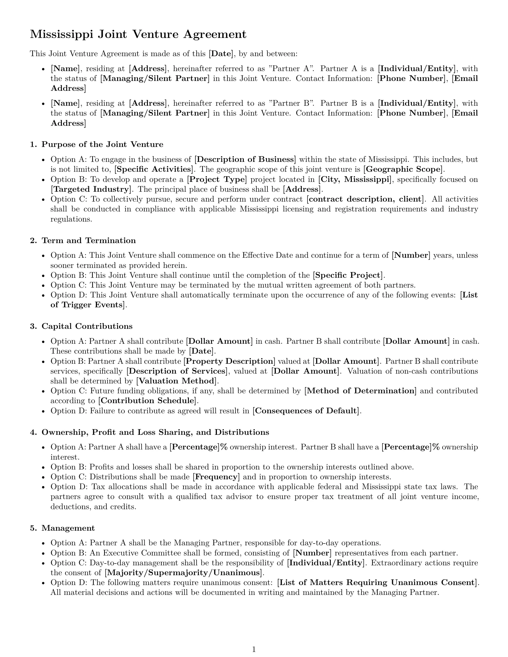 Preview page 1 of Free Mississippi joint venture agreement template