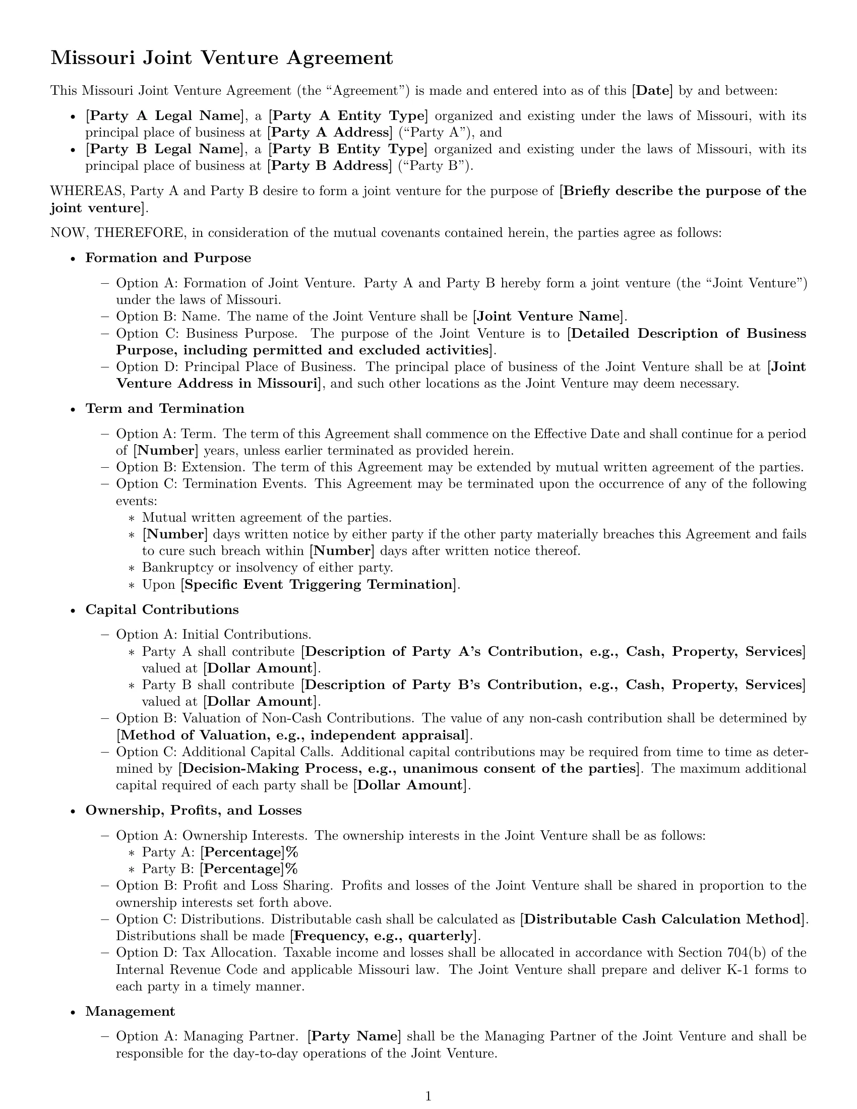 Preview page 1 of Free Missouri joint venture agreement template