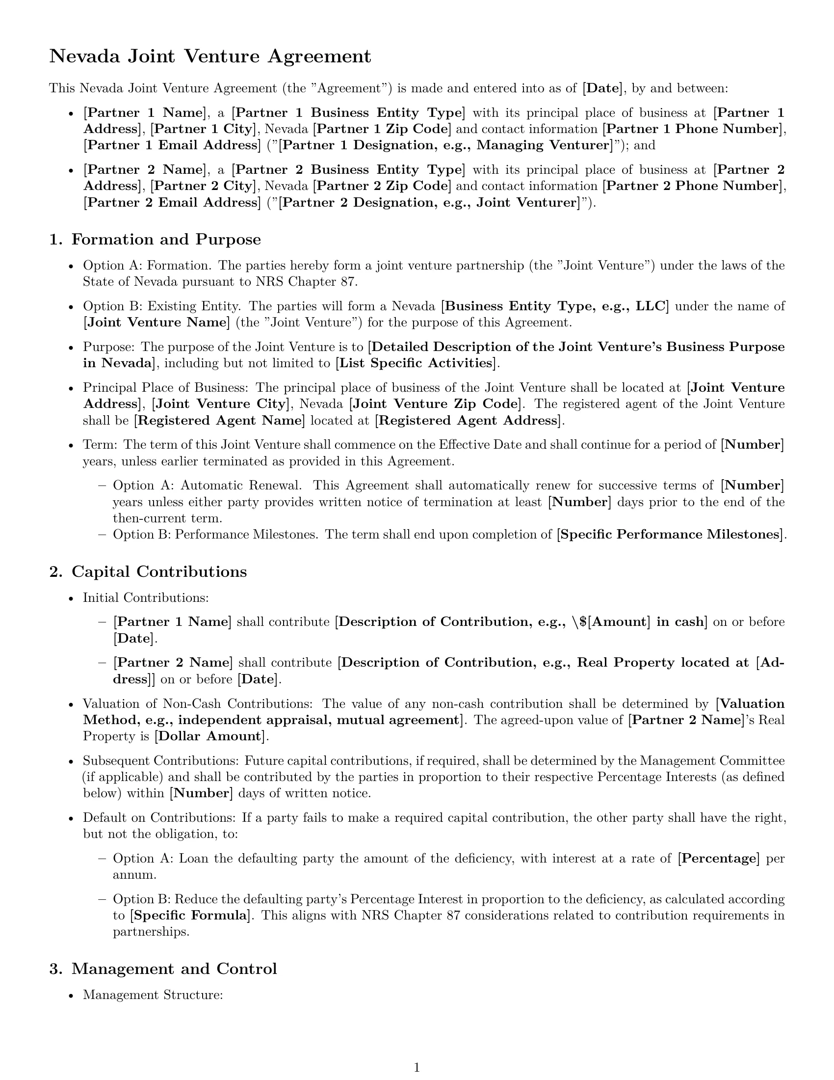 Preview page 1 of Free Nevada joint venture agreement template