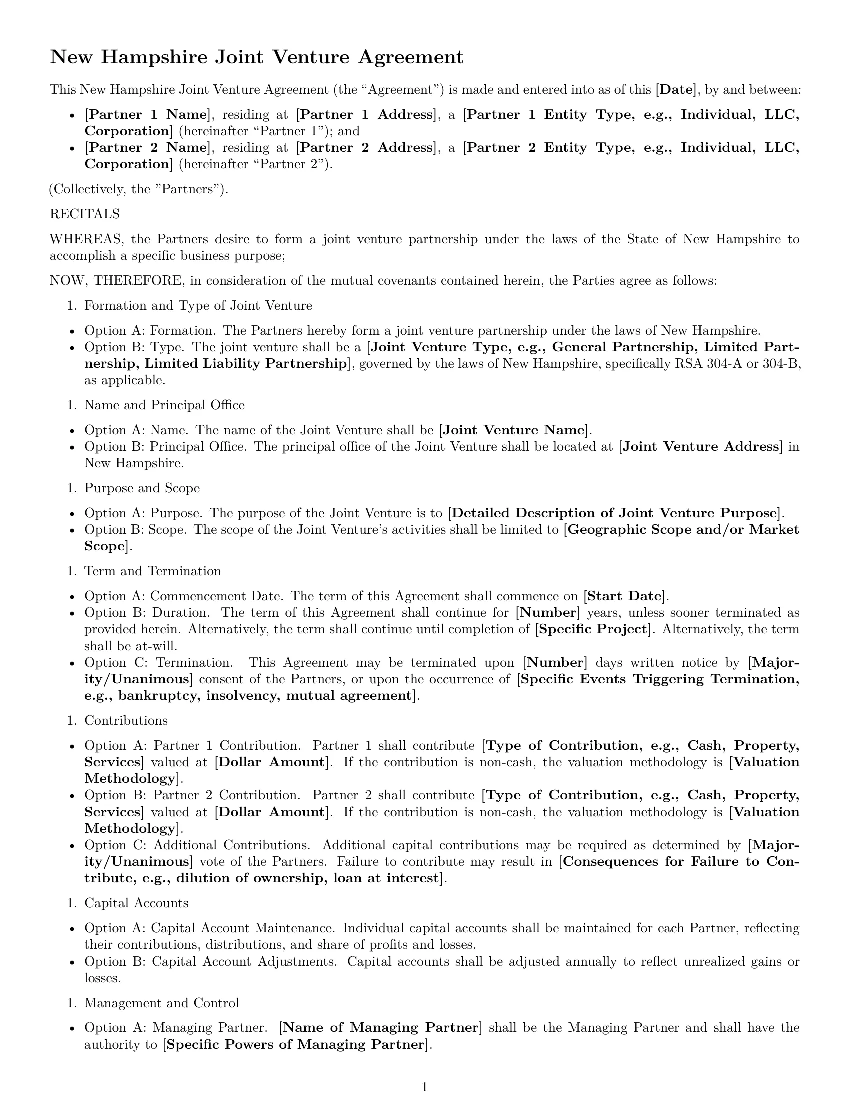 Preview page 1 of Free New Hampshire joint venture agreement template