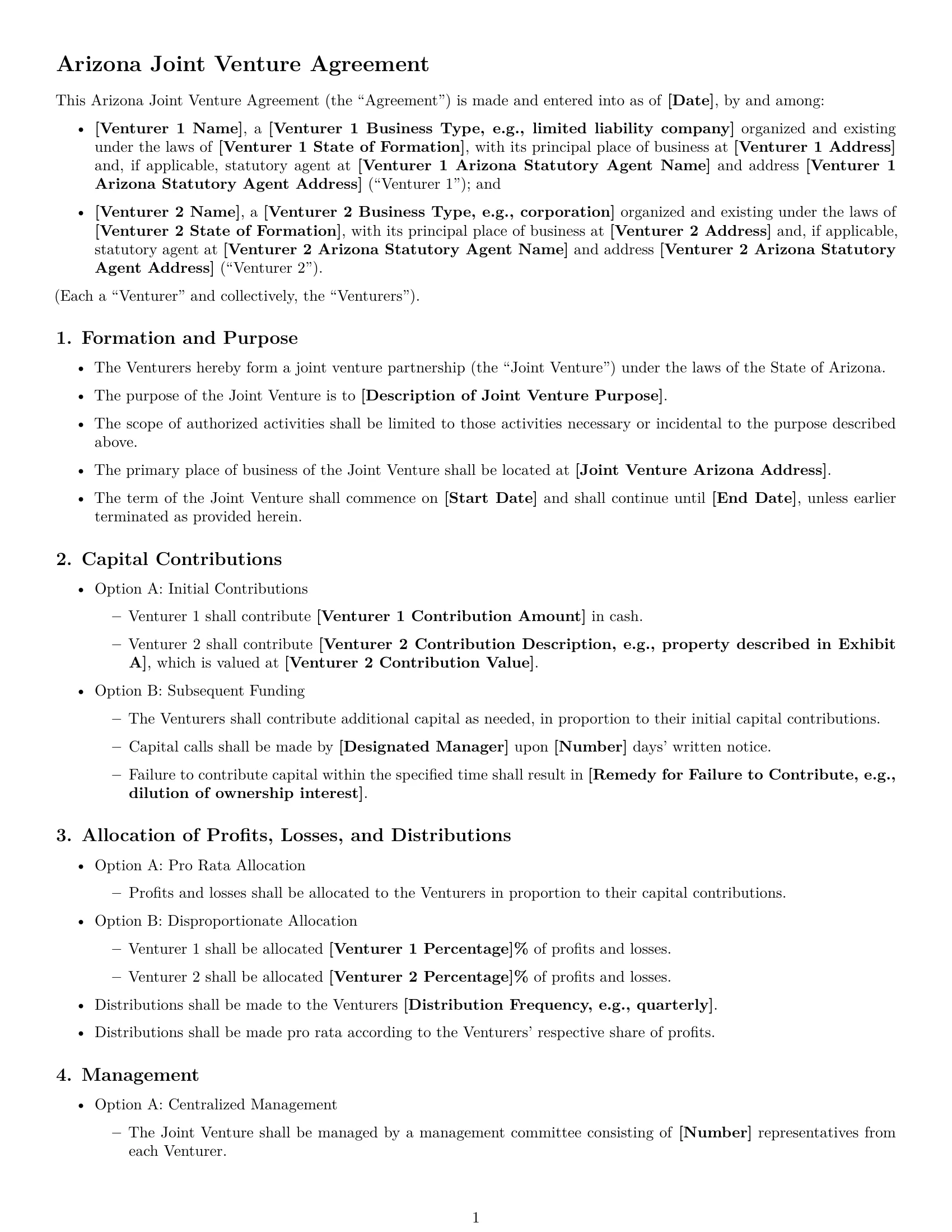 Preview page 1 of Free Arizona joint venture agreement template