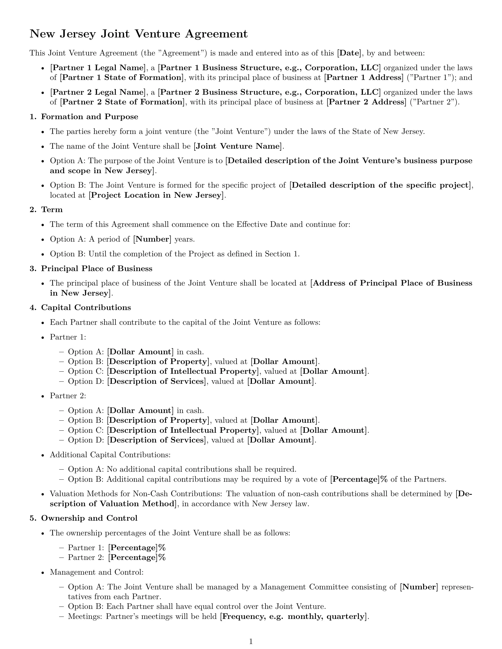 Preview page 1 of Free New Jersey joint venture agreement template