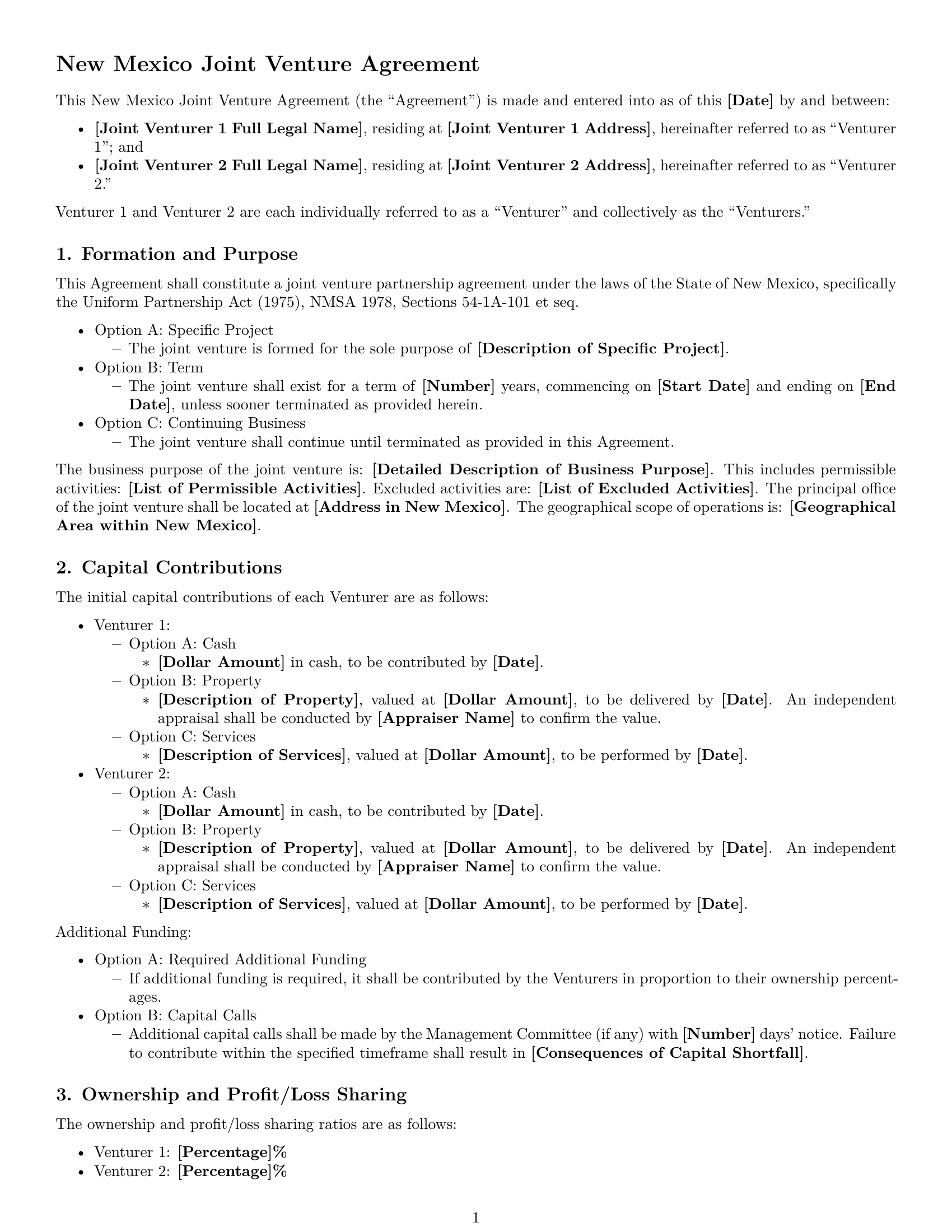 Preview page 1 of Free New Mexico joint venture agreement template
