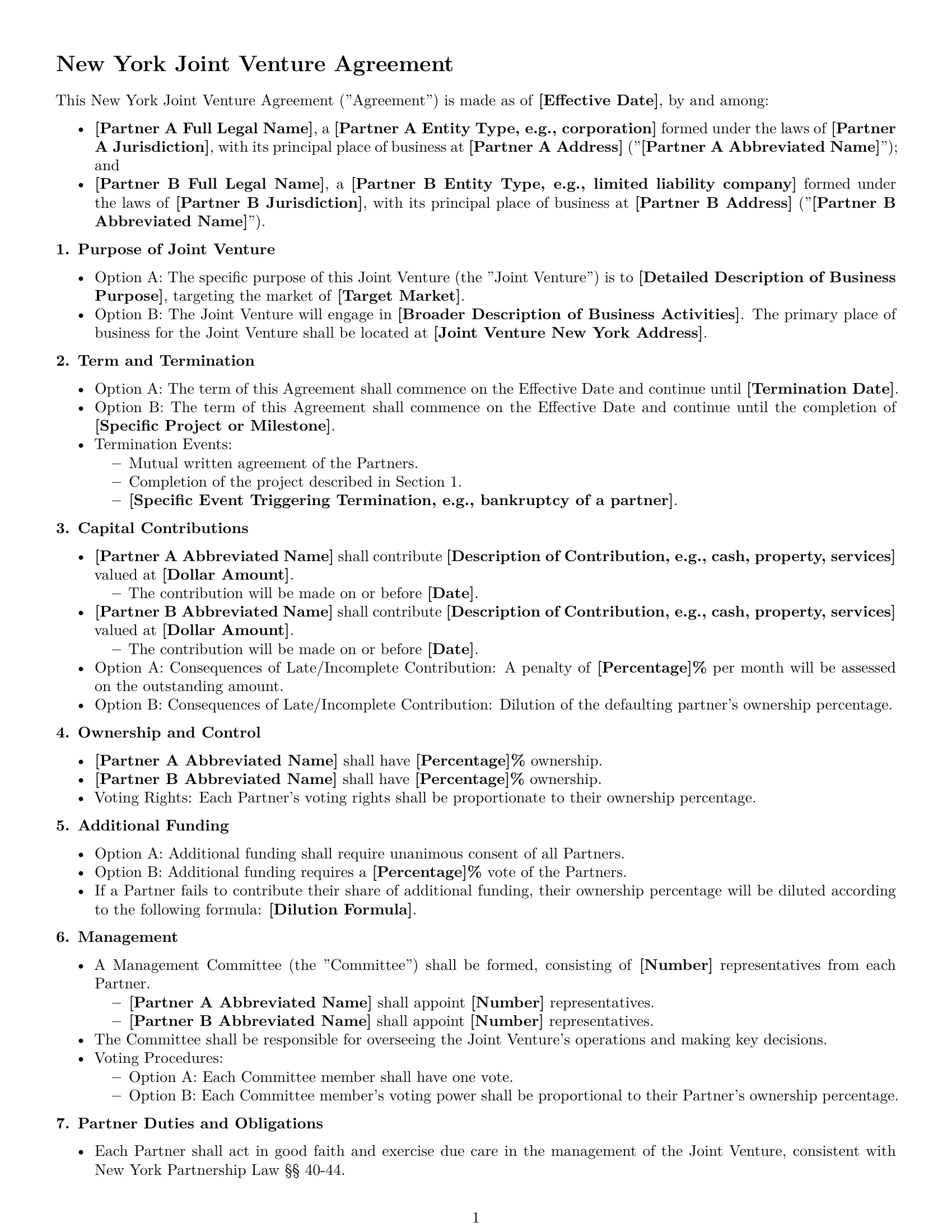 Preview page 1 of Free New York joint venture agreement template