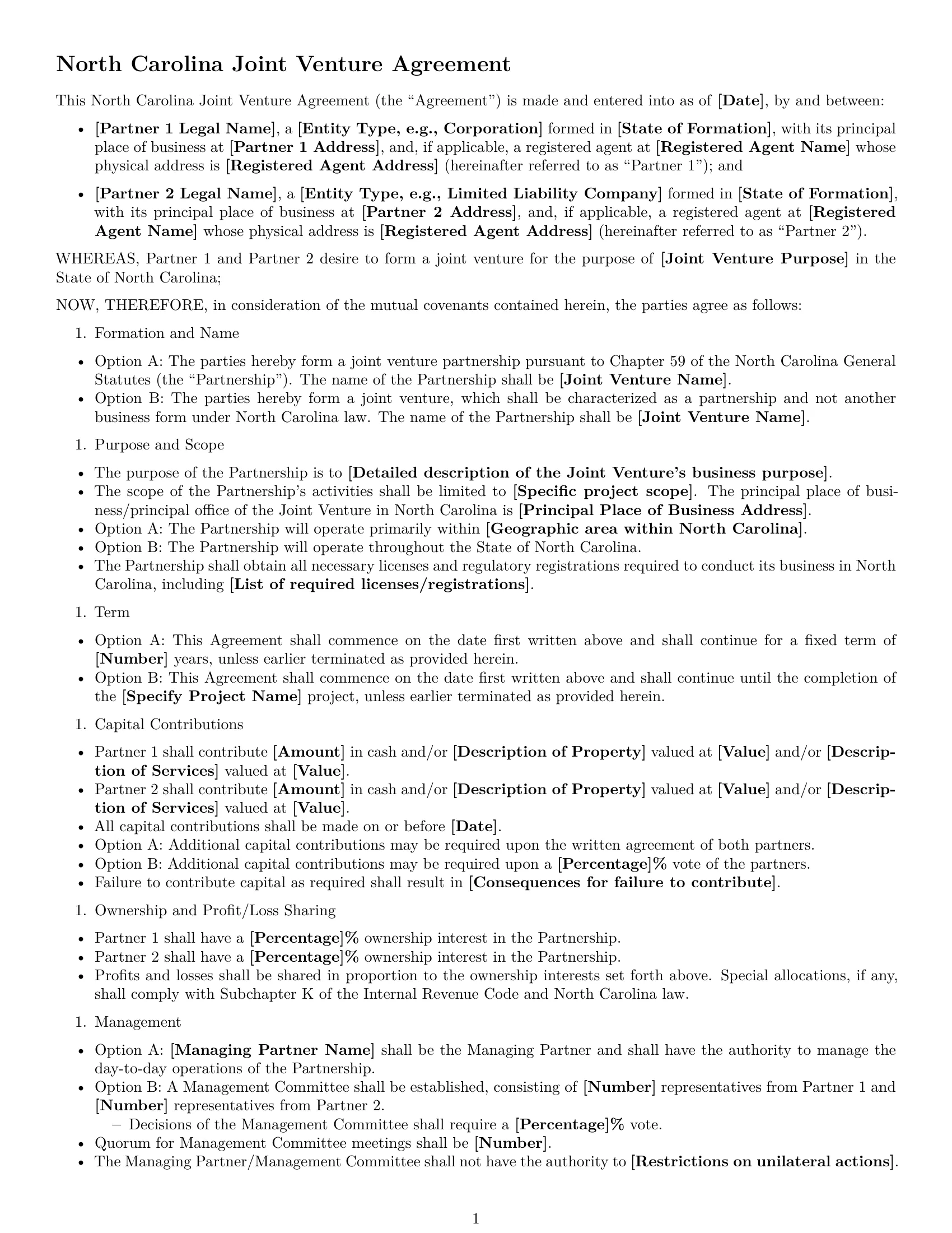 Preview page 1 of Free North Carolina joint venture agreement template