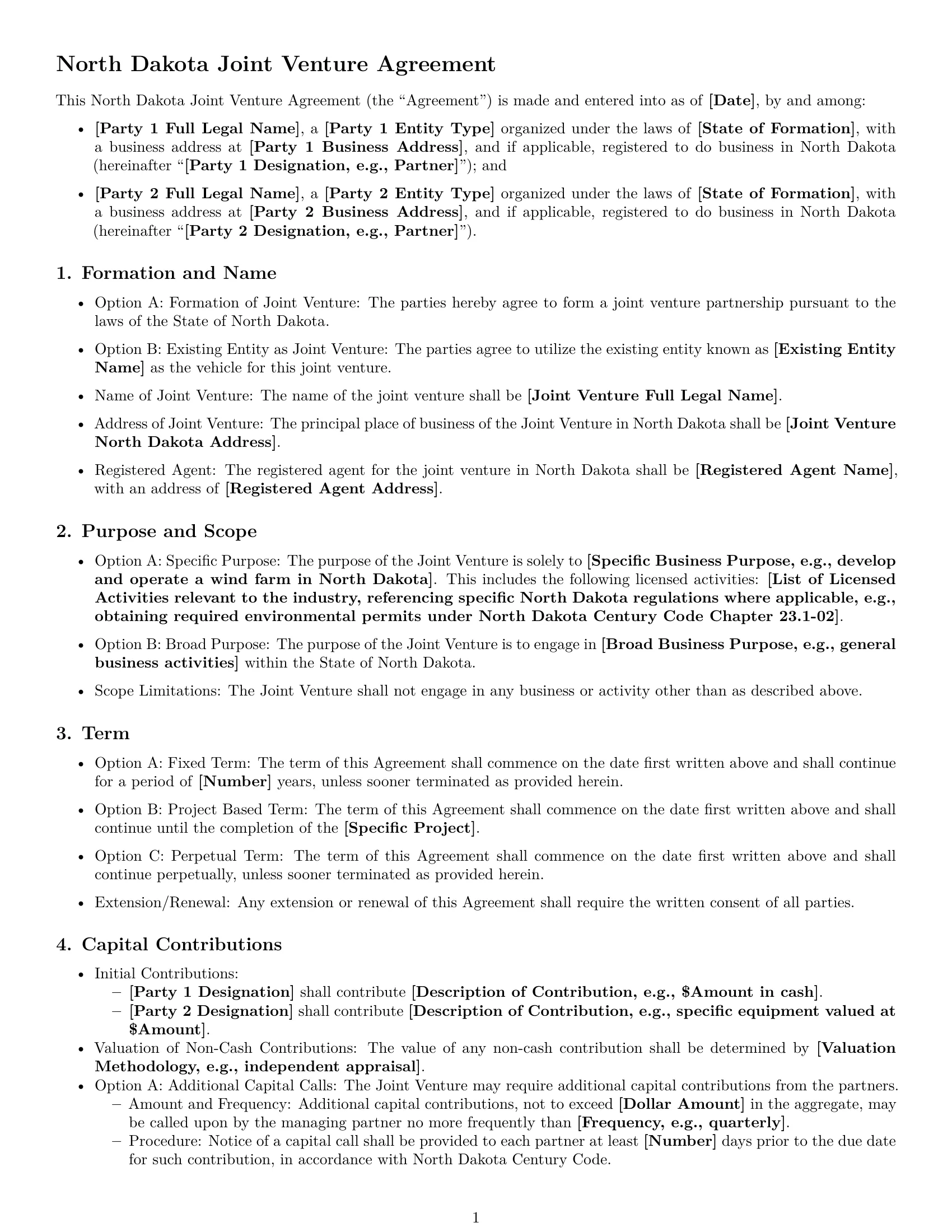 Preview page 1 of Free North Dakota joint venture agreement template