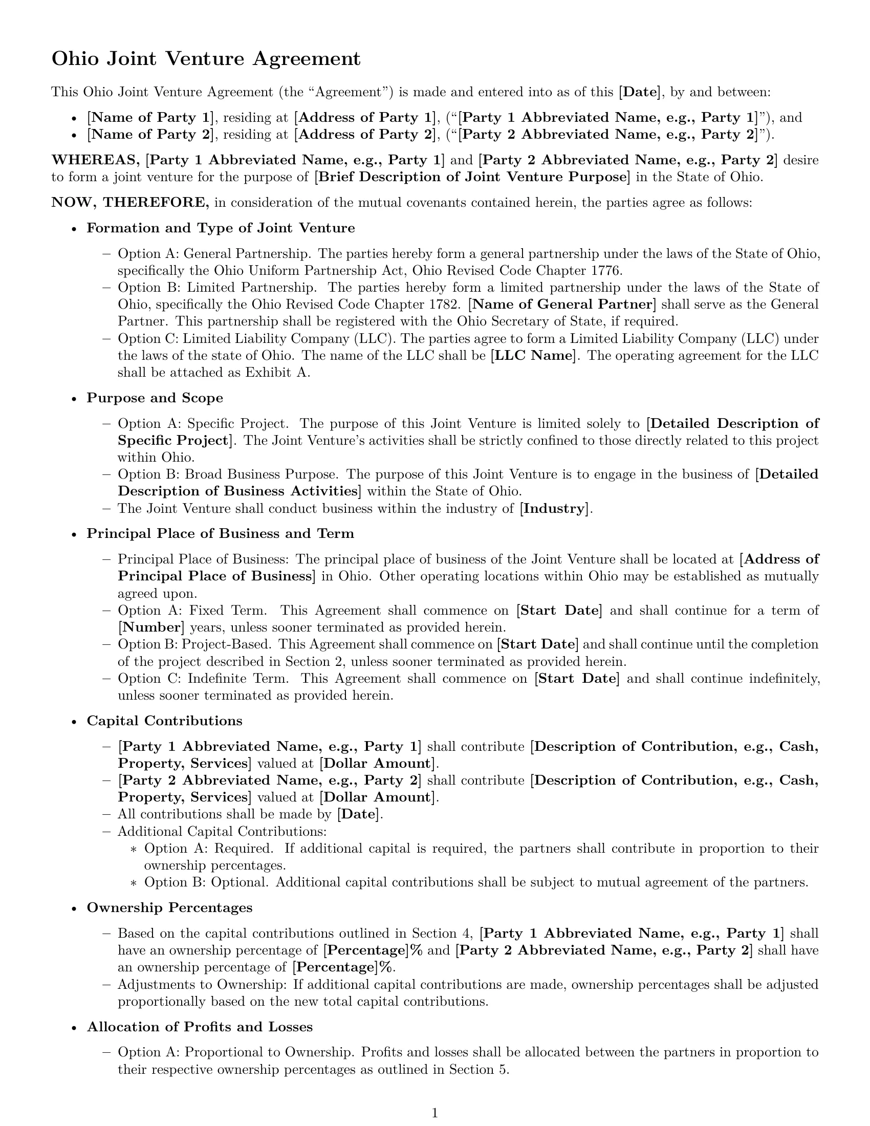 Preview page 1 of Free Ohio joint venture agreement template
